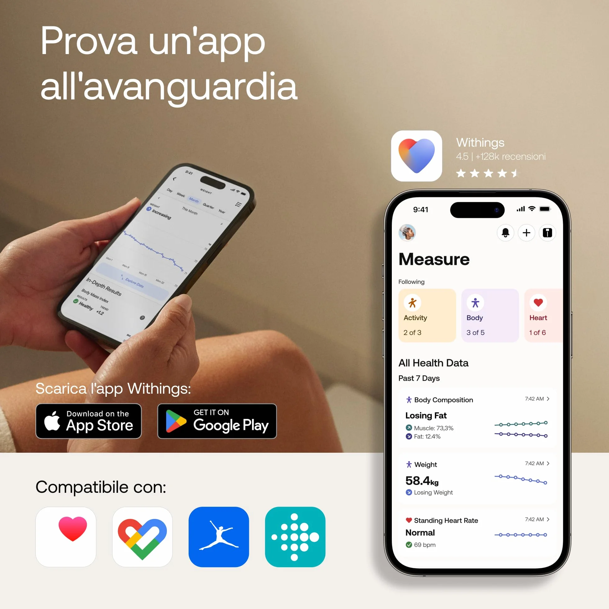 WITHINGS Body Comp - Bilancia pesapersone digitale WiFi con analisi corporea completa: peso, grasso corporeo, grasso muscolare, acqua e tracciamento cardiovascolare, Bilancia impedenziometrica, bianco