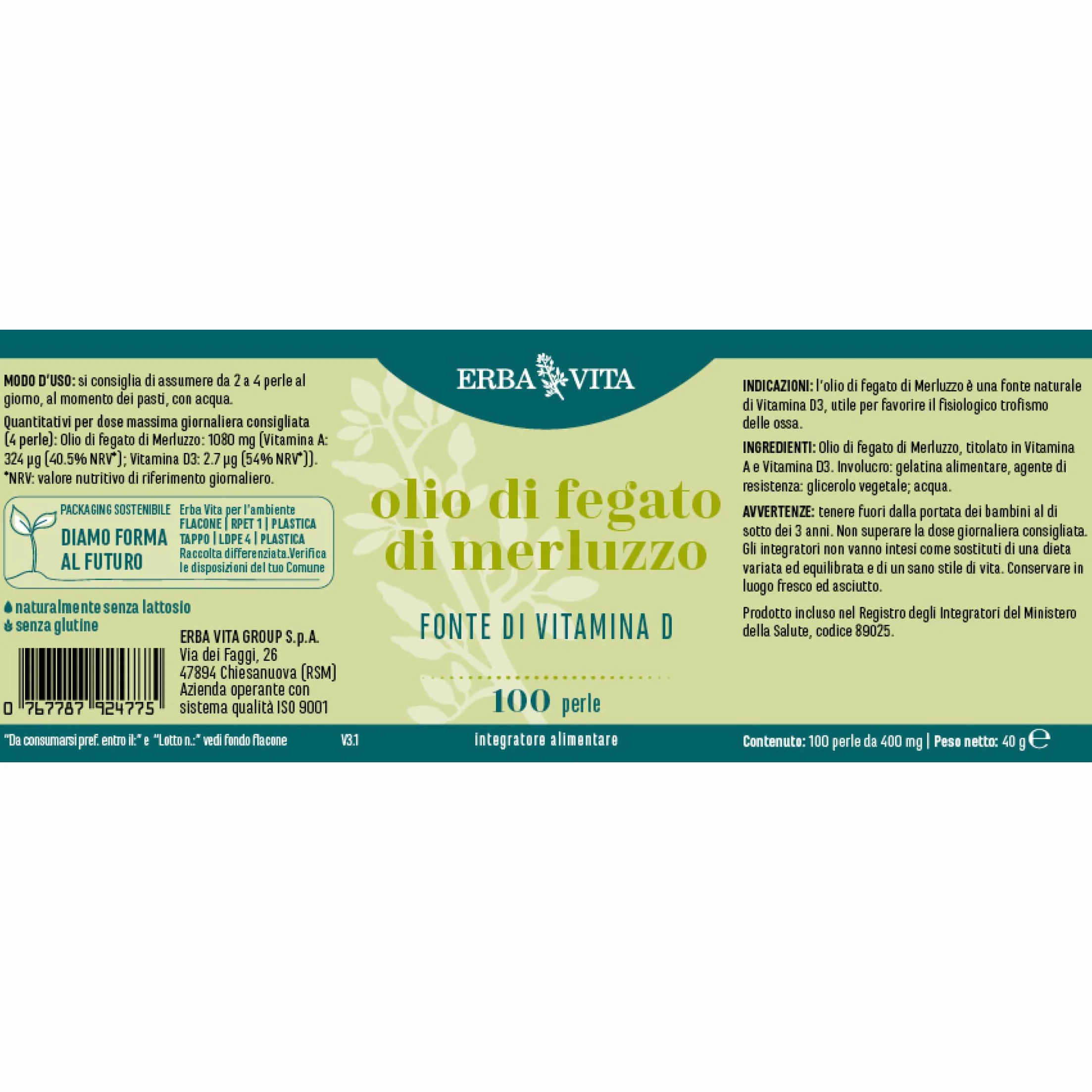 ERBA VITA Integratore Alimentare Olio Di Fegato Di Merluzzo Perle 100 Unità