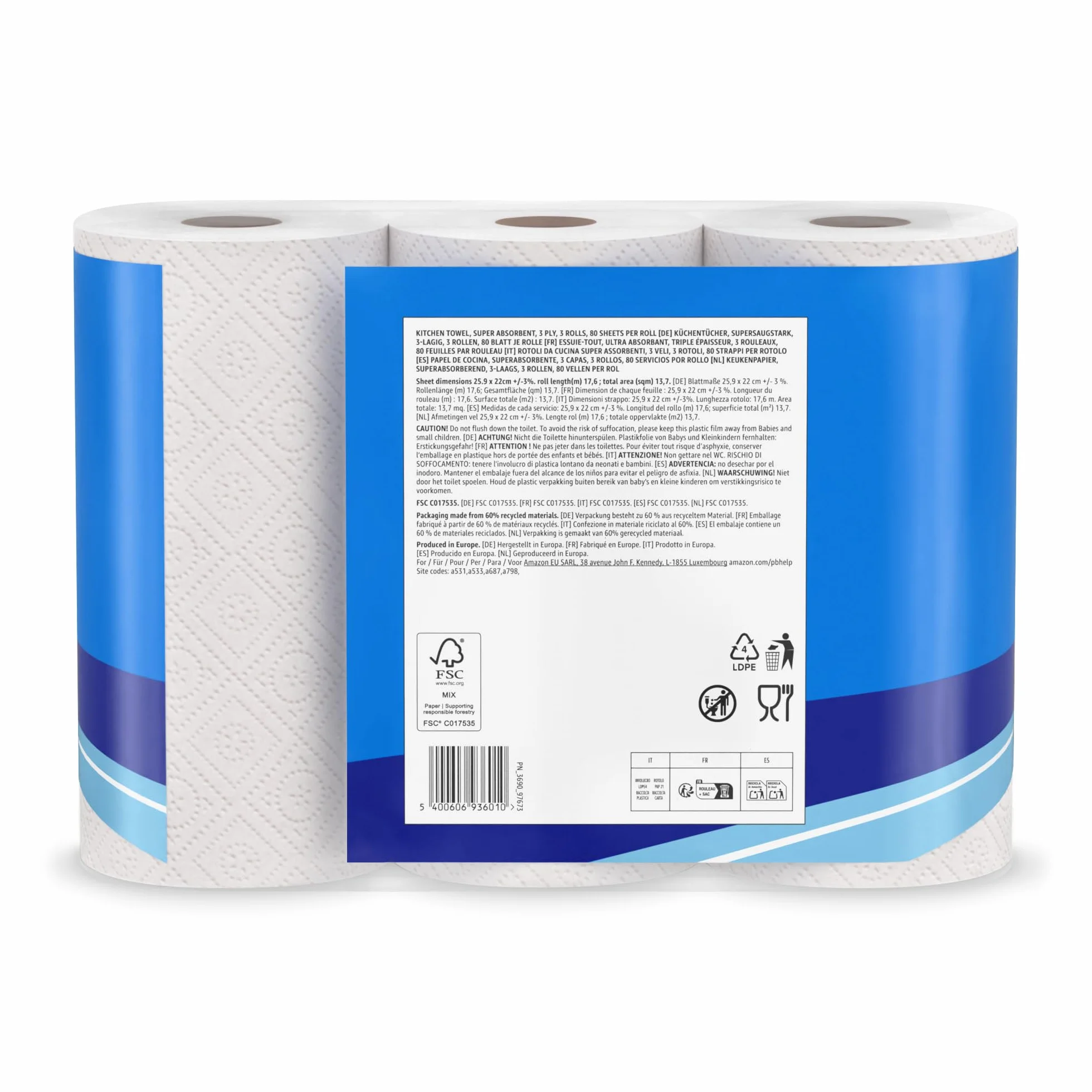 Amazon Carta da Cucina Super Assorbente 3 Veli 3 Rotoli 80 Fogli Certificata FSC