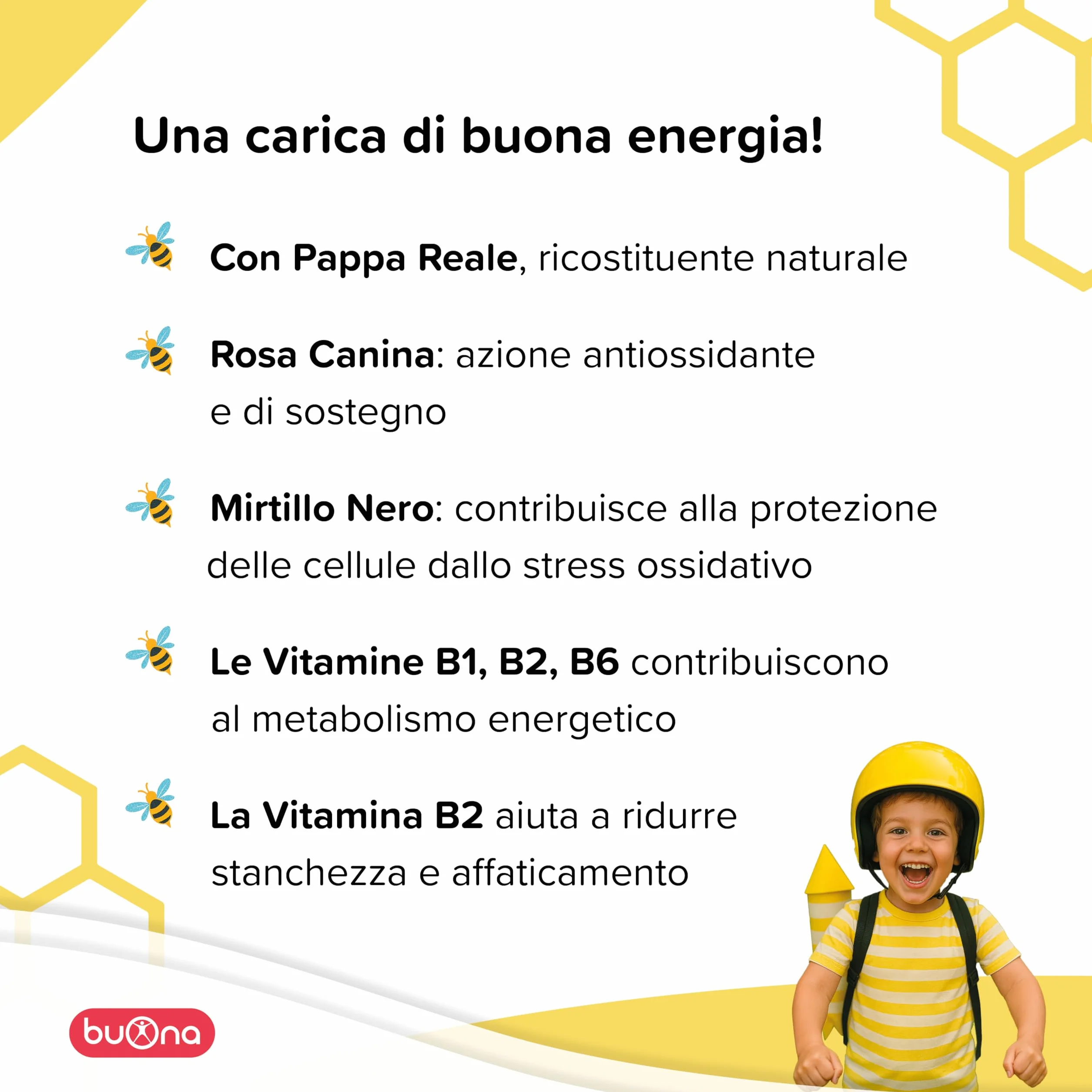 Buona Energia Oro Flaconcini Bambini 10 x 10 ml Integratore Stanchezza con Pappa Reale, Vitamine B1, B2, B6, Rosa Canina, Mirtillo Nero