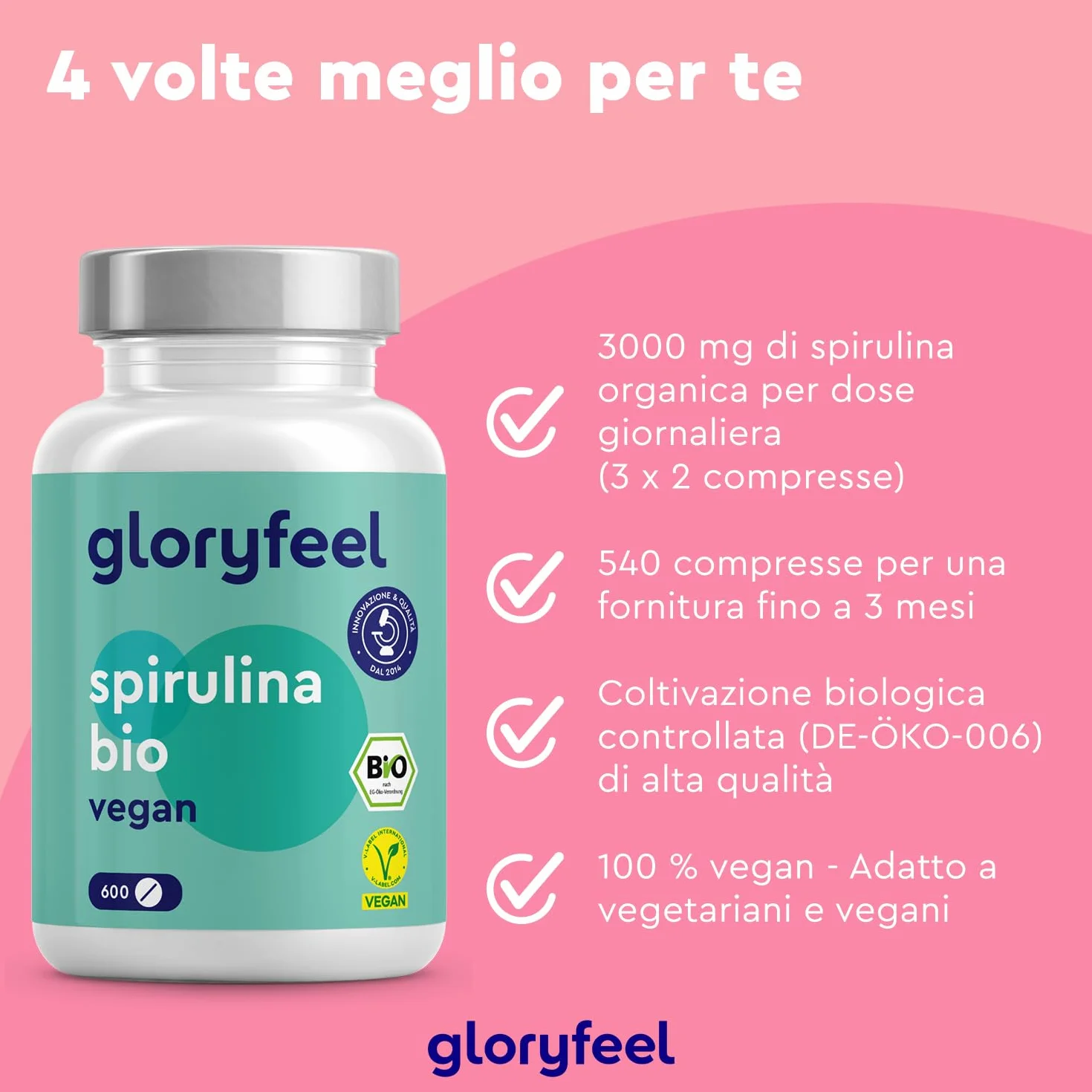 Spirulina Bio 600 compresse 500 mg Alto dosaggio Ricca di ficocianina proteine vitamine Alga pura Analizzata Confezionata Germania Vegan senza Additivi