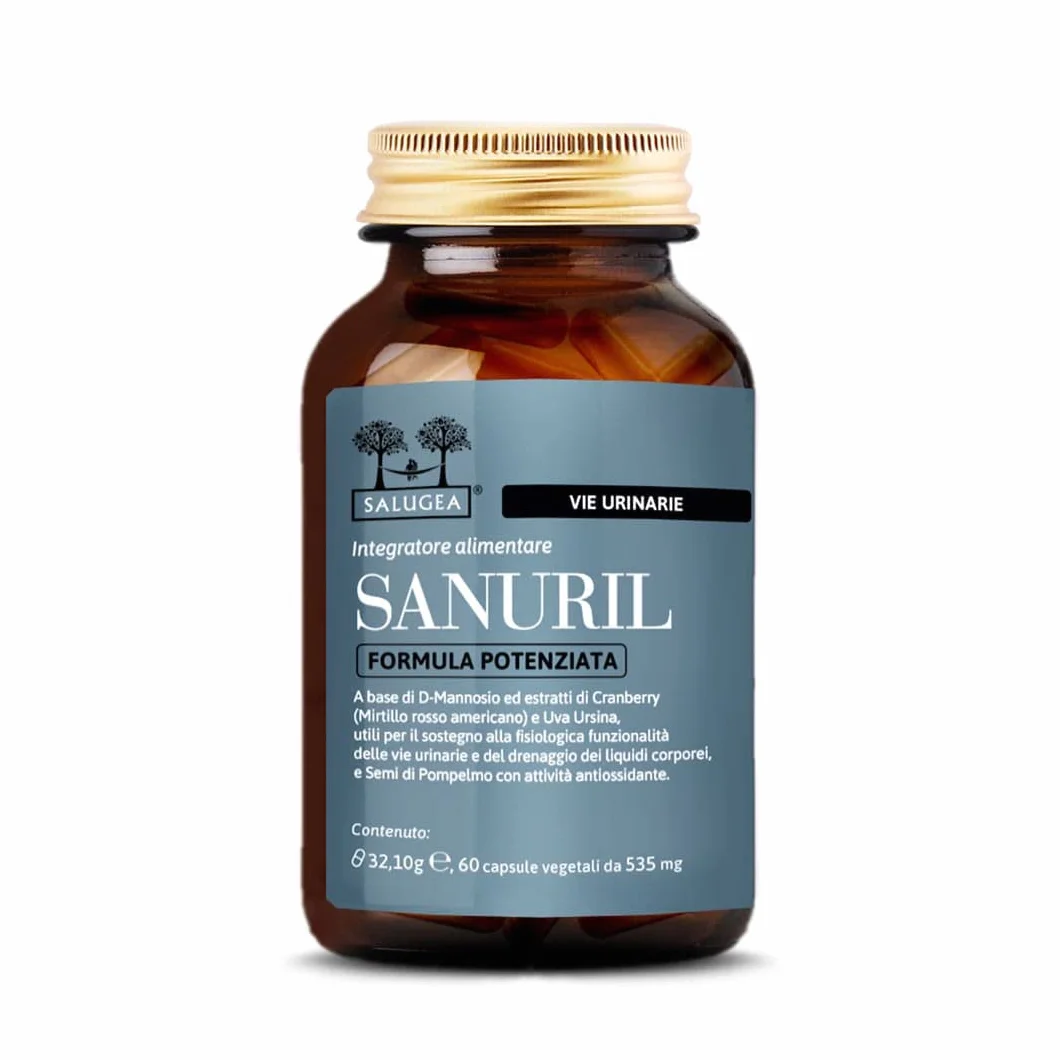 SANURIL Formula Potenziata Salugea Integratore 100% Naturale D-Mannosio Cranberry Uva Ursina Semi di Pompelmo Benessere Vie Urinarie 60 Capsule Flacone Vetro