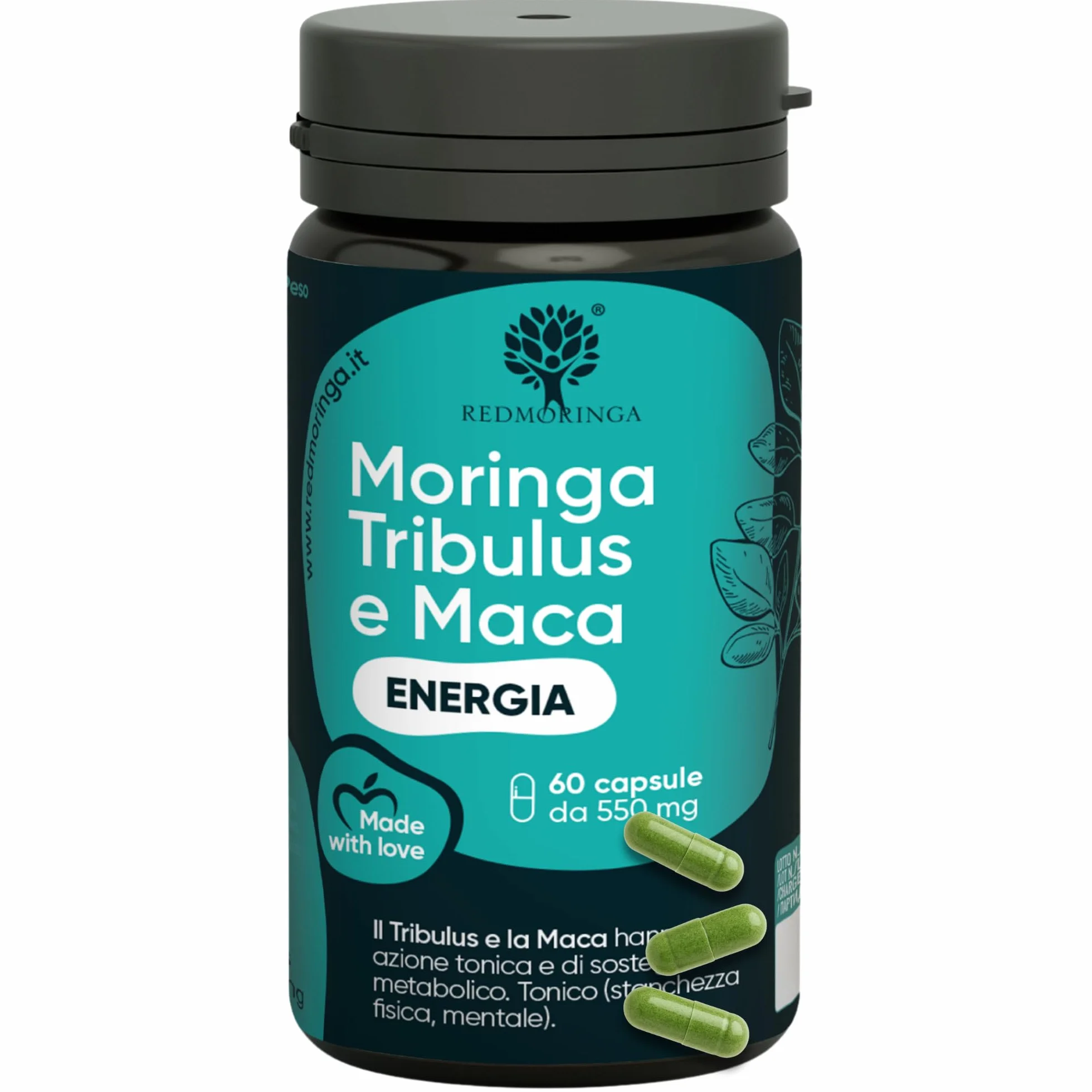 Tribulus Terrestris 90% Saponine Maca Fieno Greco Integratore Energia Booster Moringa BIO Massa Muscolare 60 Capsule RedMoringa®