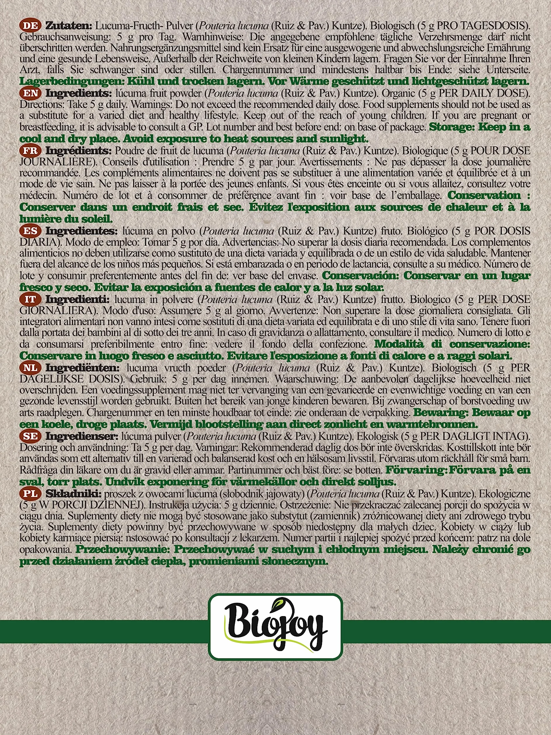 Biojoy Lucuma in polvere Biologica (500 g), lucuma frutta senza additivi (Pouteria lucuma)