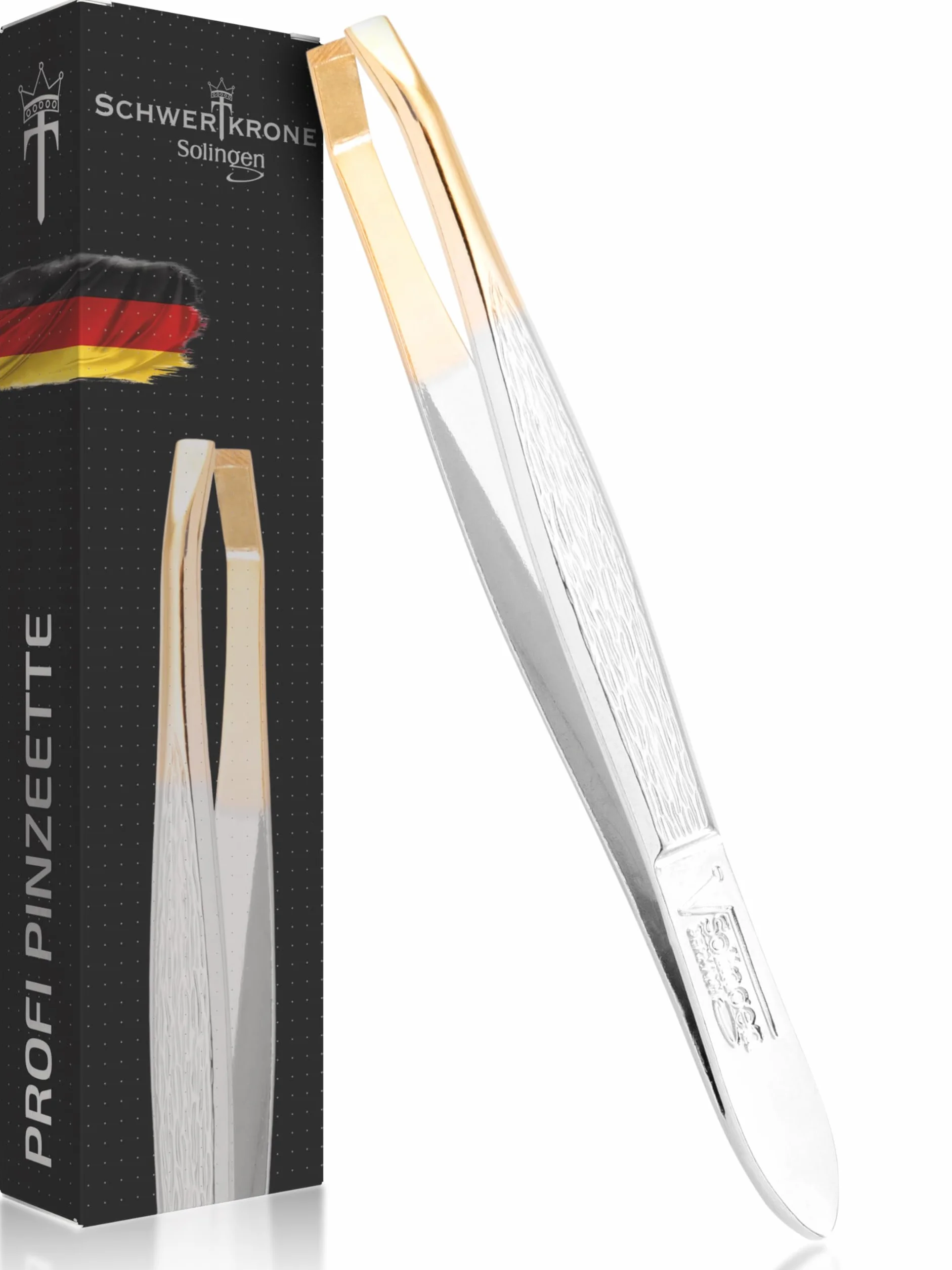 SCHWERTKRONE Pinzetta Professionale Solingen 8 cm - Inclinata e Angolata per Sopracciglia - Placcata Oro, Prodotto in Germania
