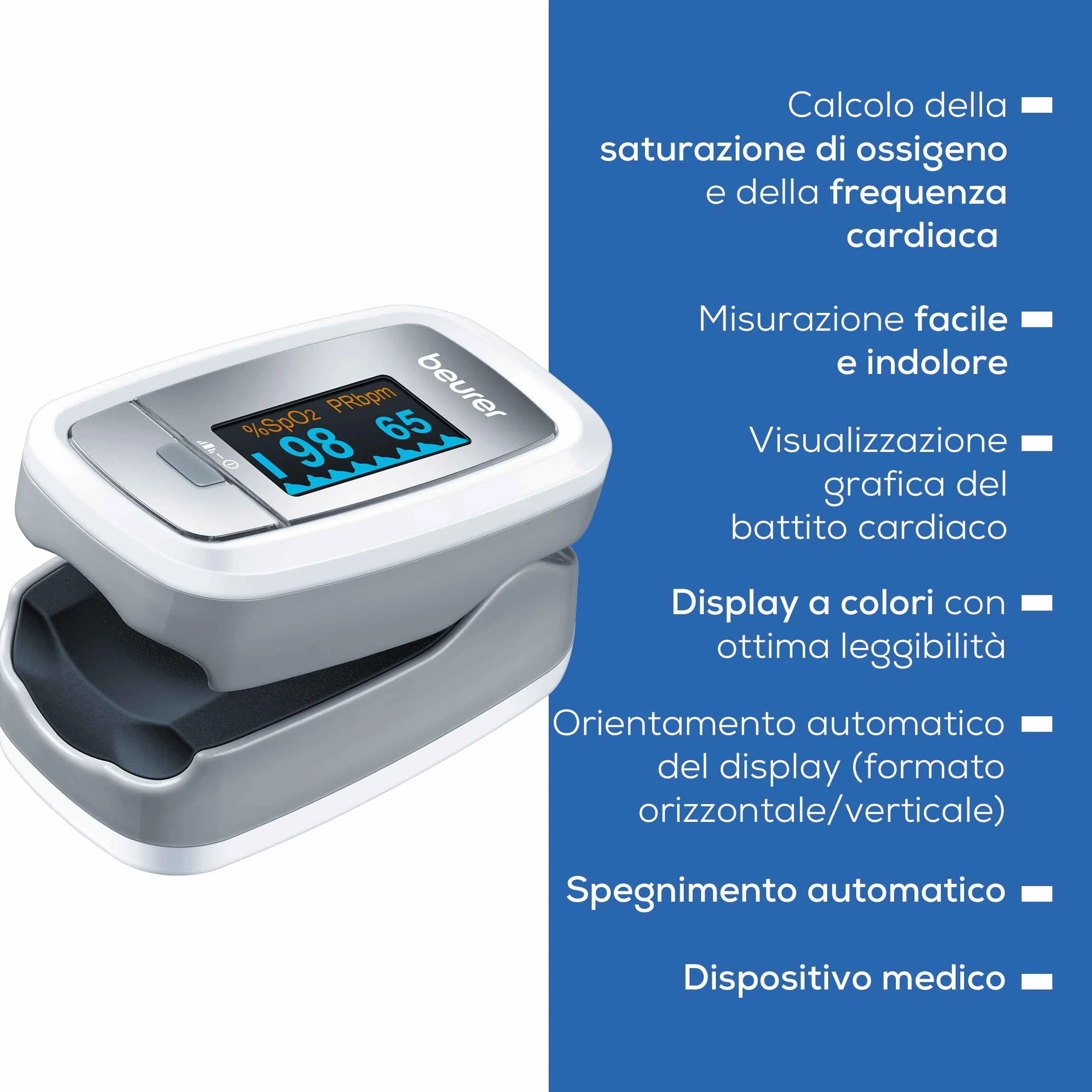 Beurer PO 30 Saturimetro da Dito Professionale SpO2 Frequenza Cardiaca Display Colorato Custodia Inclusa Dispositivo Medico