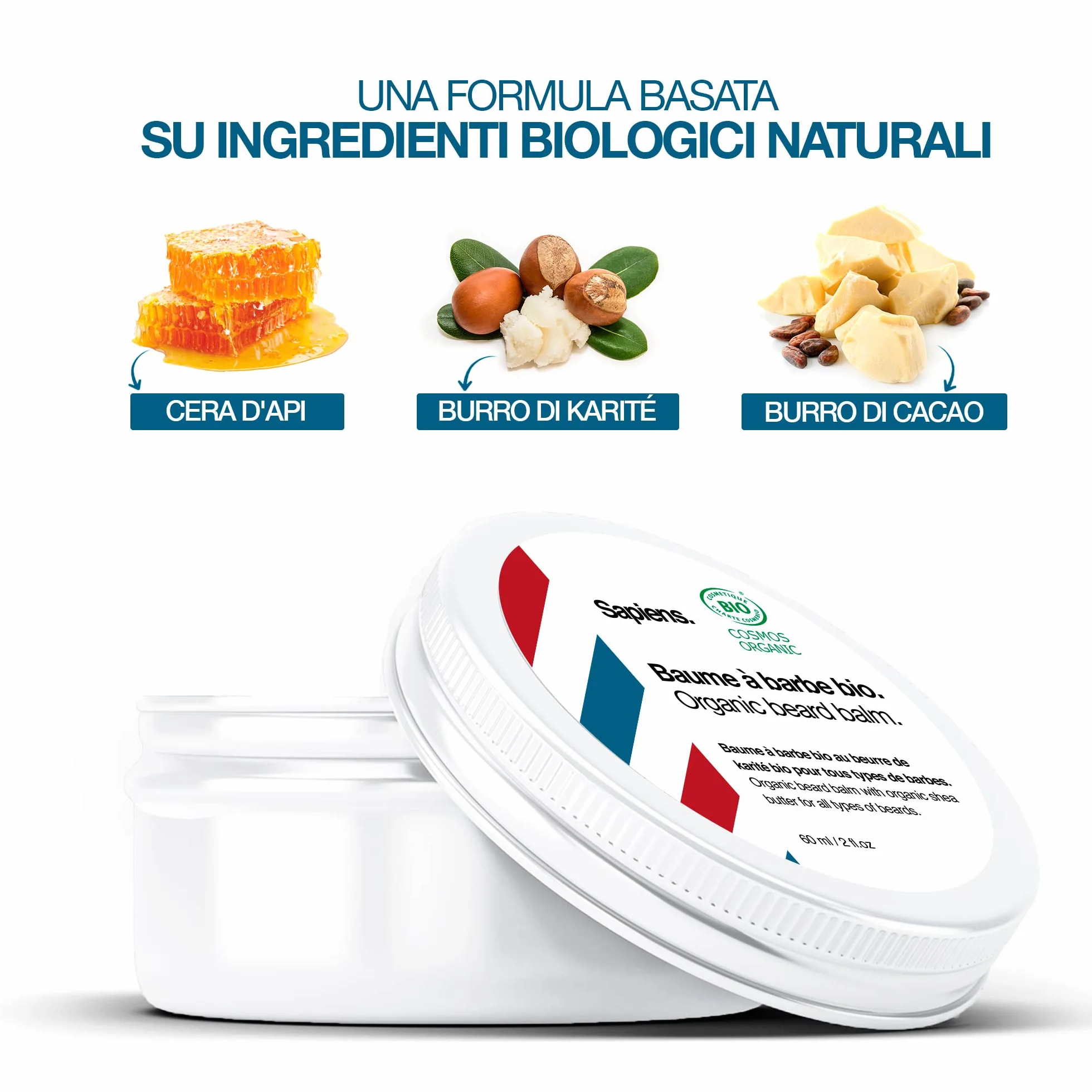 Sapiens Balsamo Barba Uomo BIO 60 ml – Cera Barba e Cera Baffi Naturale – Burro di Karité & Olio di Ricino – Ammorbidisce, Nutre e Modella – Fatto in Francia, Certificato Cosmos Organic