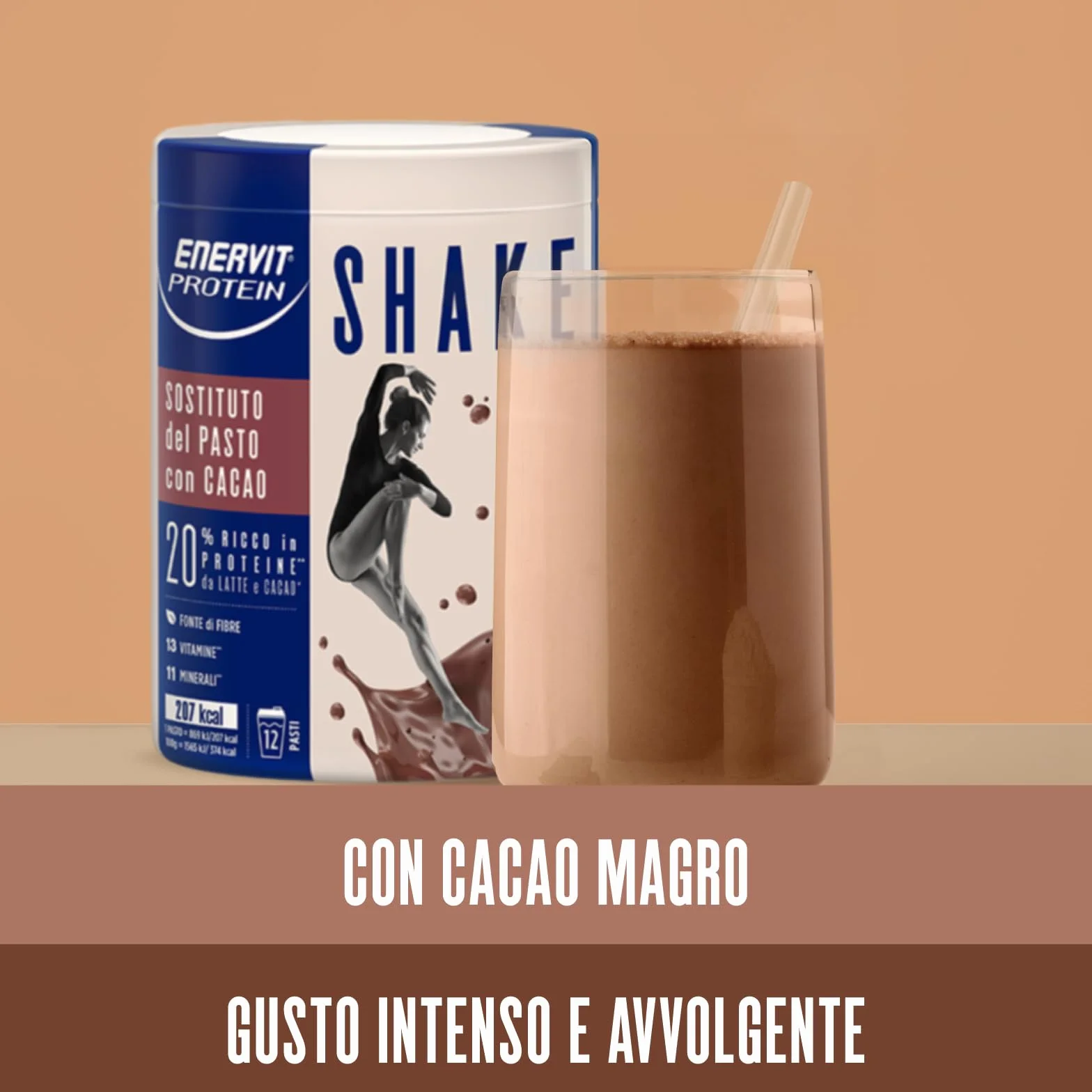 Enervit, Meal Shake Cacao Protein, Sostituto del Pasto, 1pasto=207 kcal, Bevanda Proteica, Gusto Cacao Intenso, 20% di Proteine, Per il Controllo del Peso, 1 Barattolo=12 Pasti