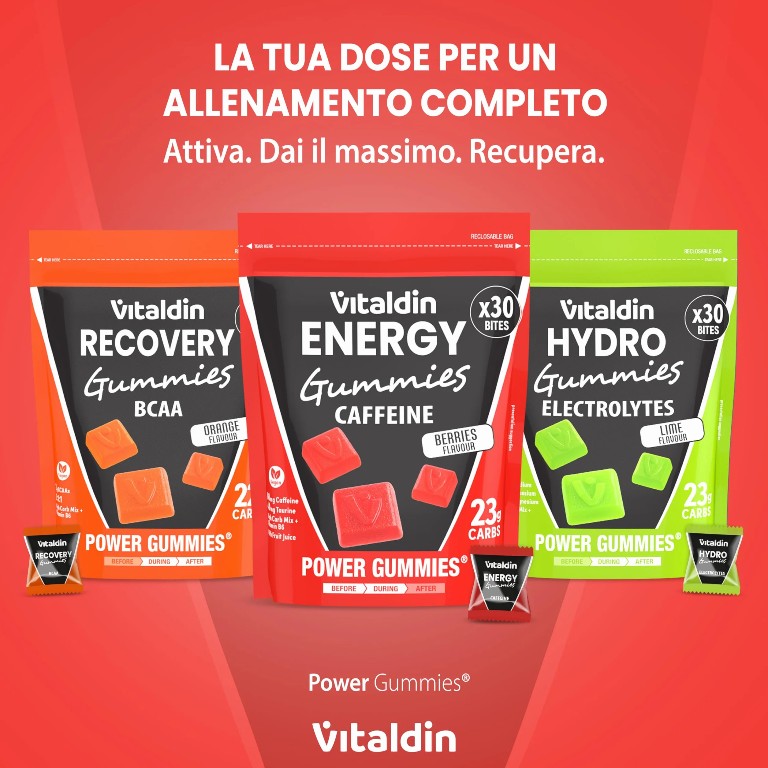 VITALDIN SPORT Power Gummies 80 mg Caffeina 40 mg Taurina 30 Caramelle Gommose gusto Frutti Rossi Vegano