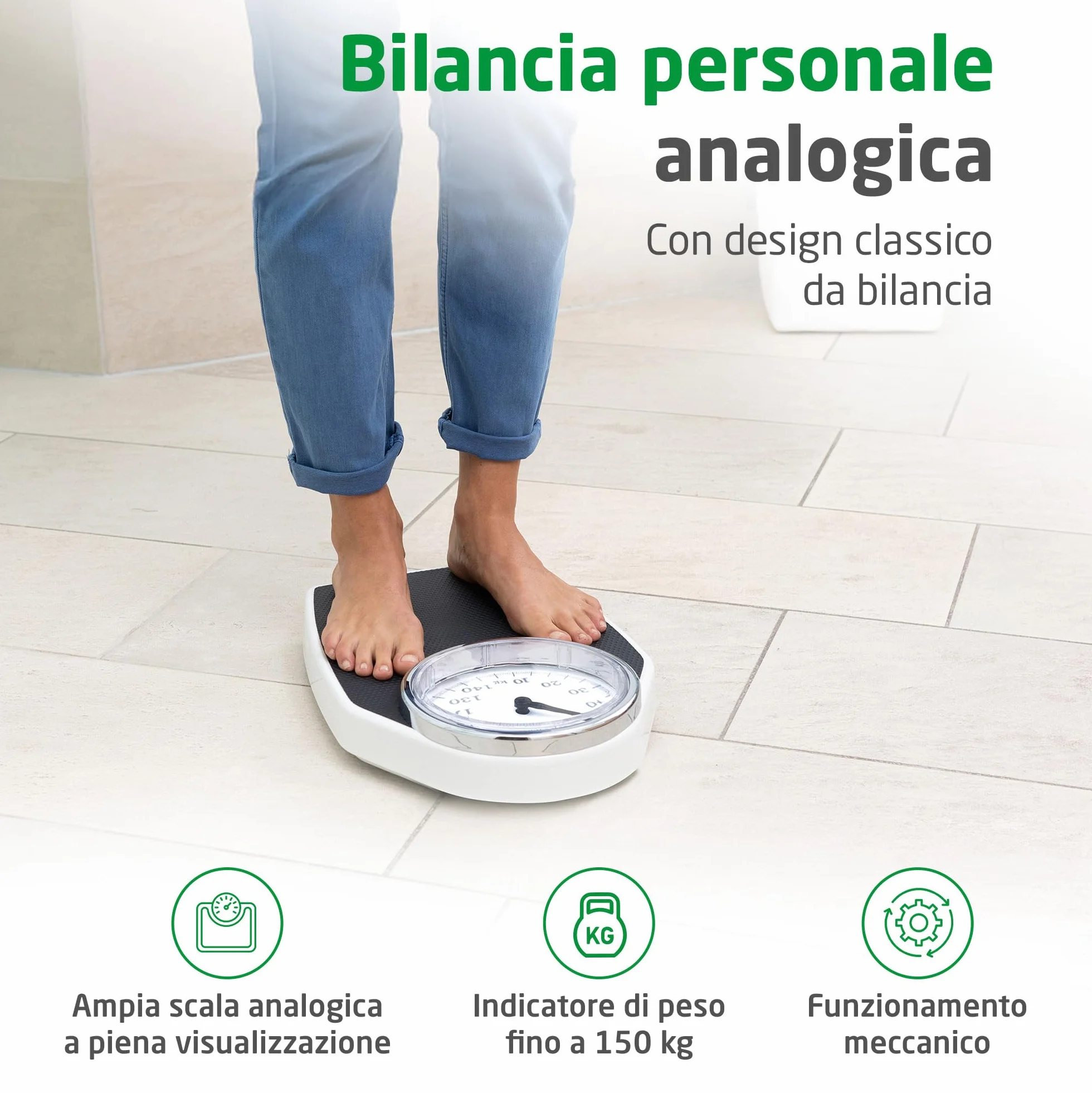 Medisana PSD Bilancia Personale Meccanica Fino a 150 kg, Analogica, Scala Retrò in Design Classico e Su Larga Scala in un Imballaggio Privo di Frustrazioni e con Copertura in Vetro Rinforzato