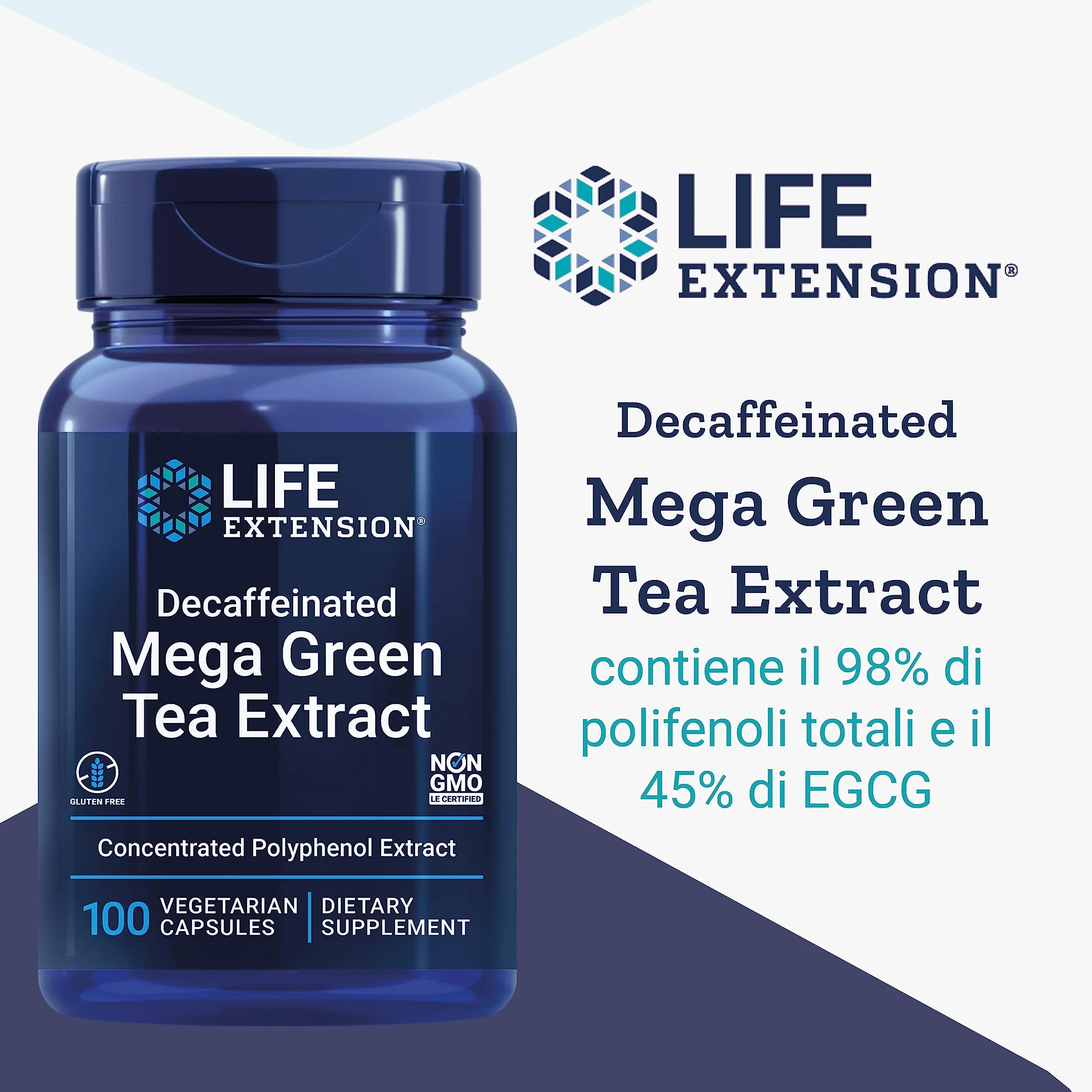 Life Extension, Mega Estratto di Tè Verde, 725mg, Decaffeinato, 100 Capsule Vegane, Testato in Laboratorio, Vegetariano, Senza Glutine, Senza Soia, Non OGM