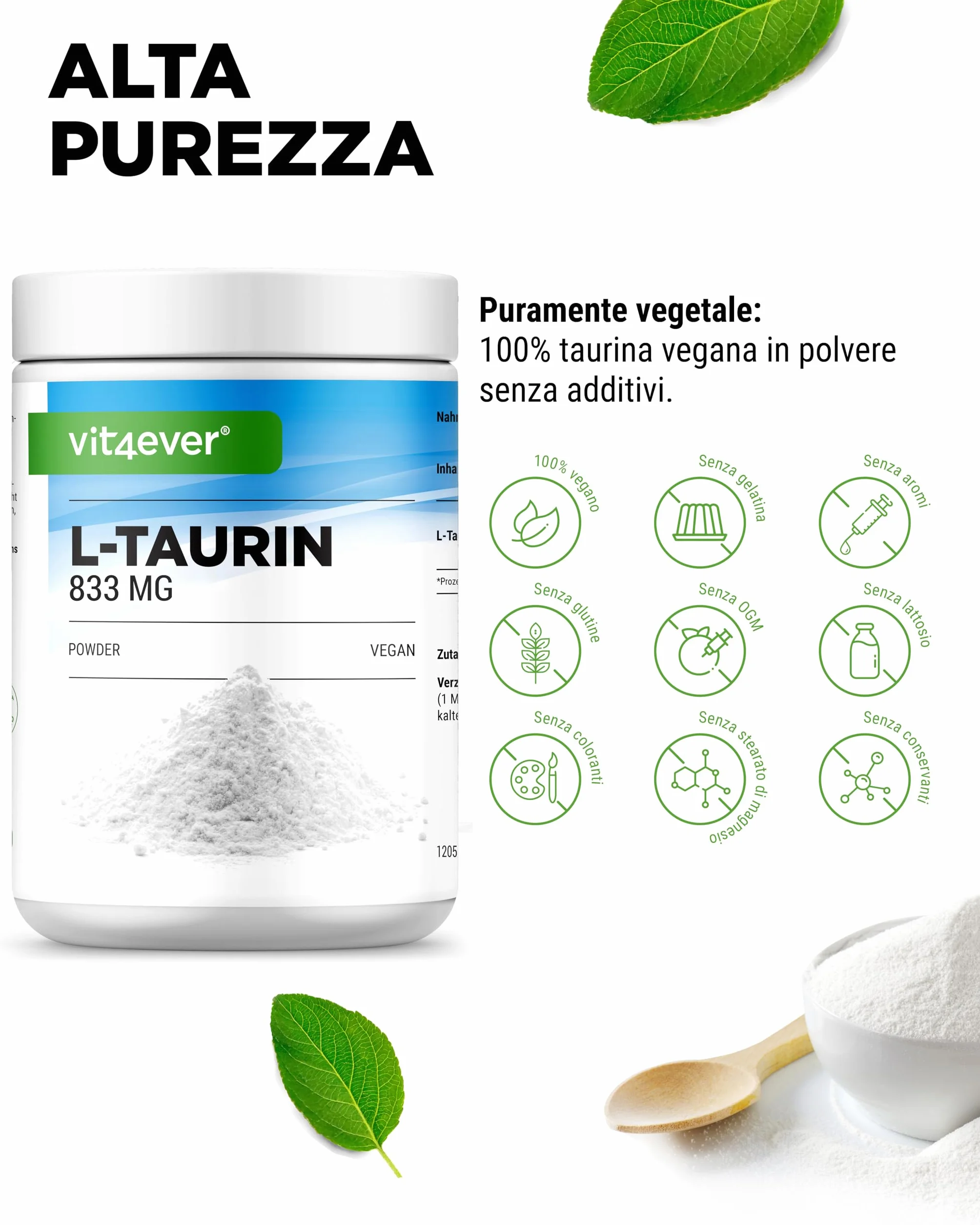 Taurina in polvere - 1000g (1kg) - Solubilità ottimale - Vegan - 99% di purezza - Qualità Premium testata in laboratorio - L-Taurina Aminoacido