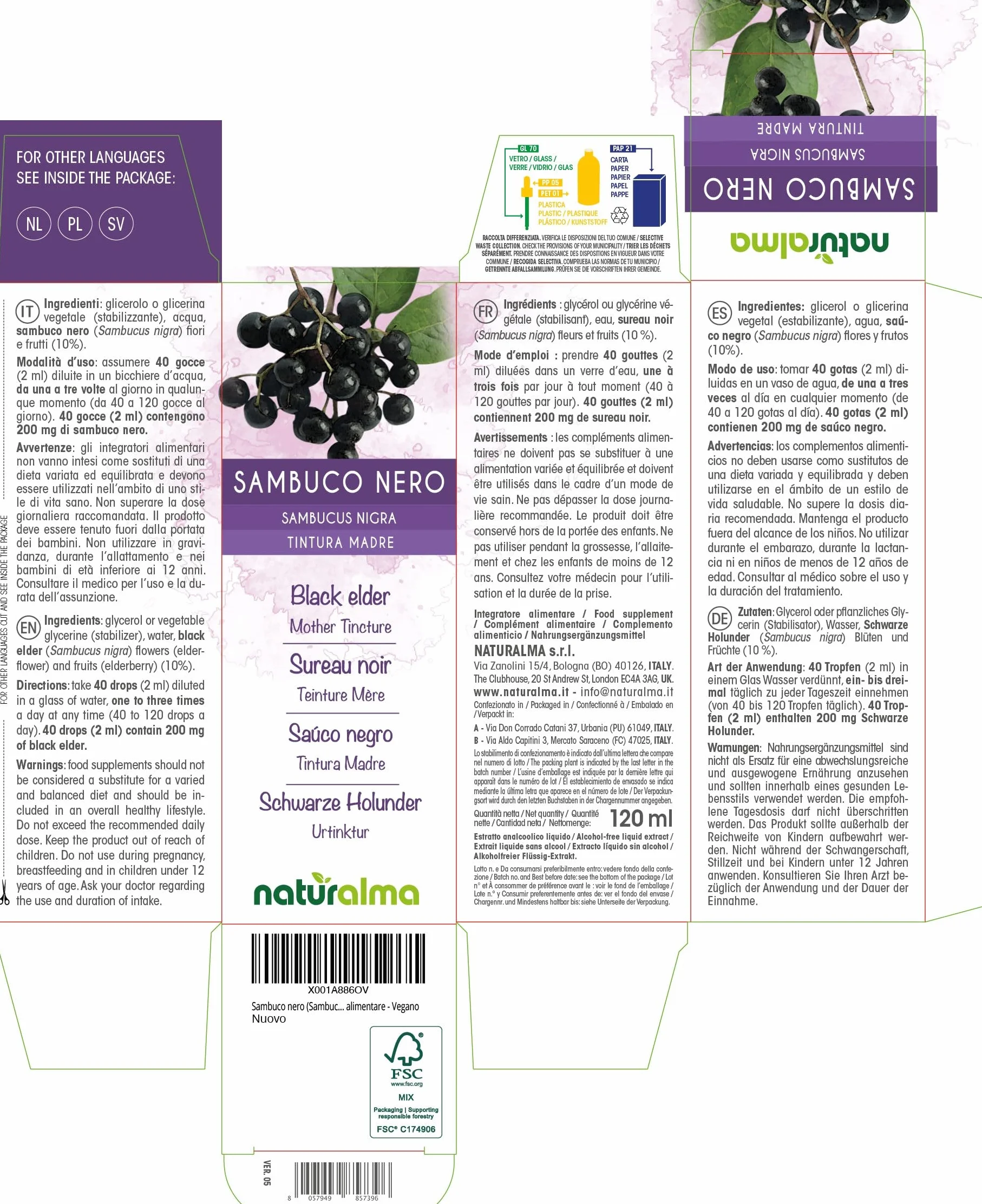 Sambuco nero (Sambucus nigra) fiori e frutti Tintura Madre analcoolica Naturalma - Estratto liquido gocce 120 ml - Integratore alimentare - Vegano