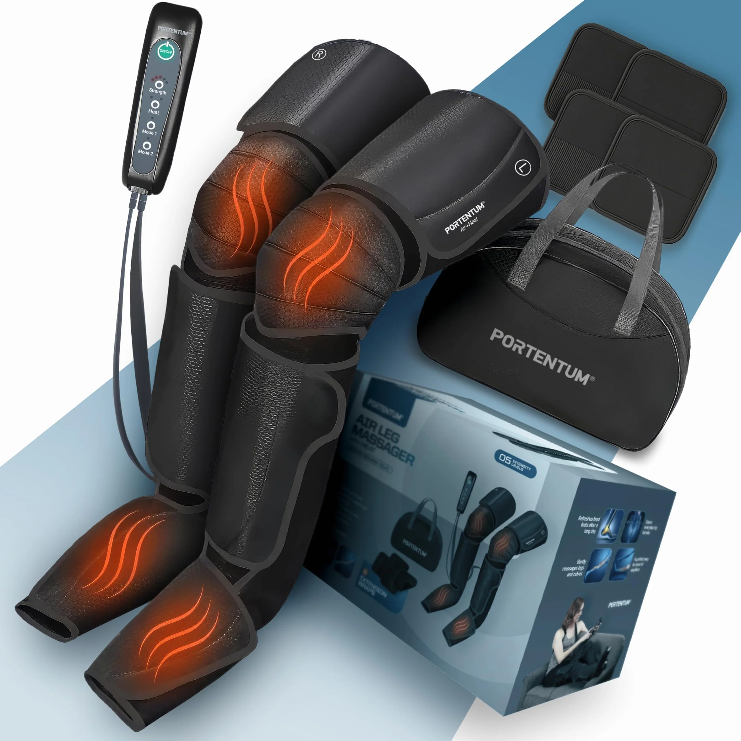 PORTENTUM Pressoterapia linfodrenaggio – Massaggiatore gambe con calore regolabile – 5 intensità compressione ad aria – Telecomando – Sollievo gambe stanche e migliore circolazione – Borsa trasporto