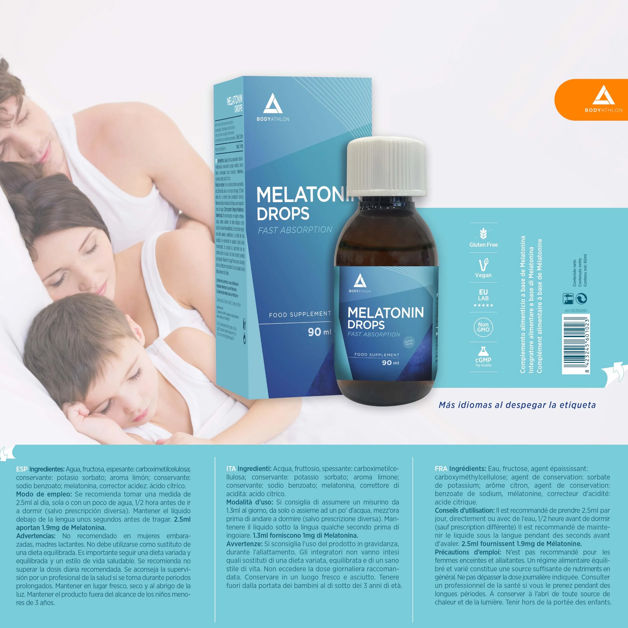 Melatonina pura in gocce 90ml BODYATHLON per dormire meglio insonnia vegano aroma limone