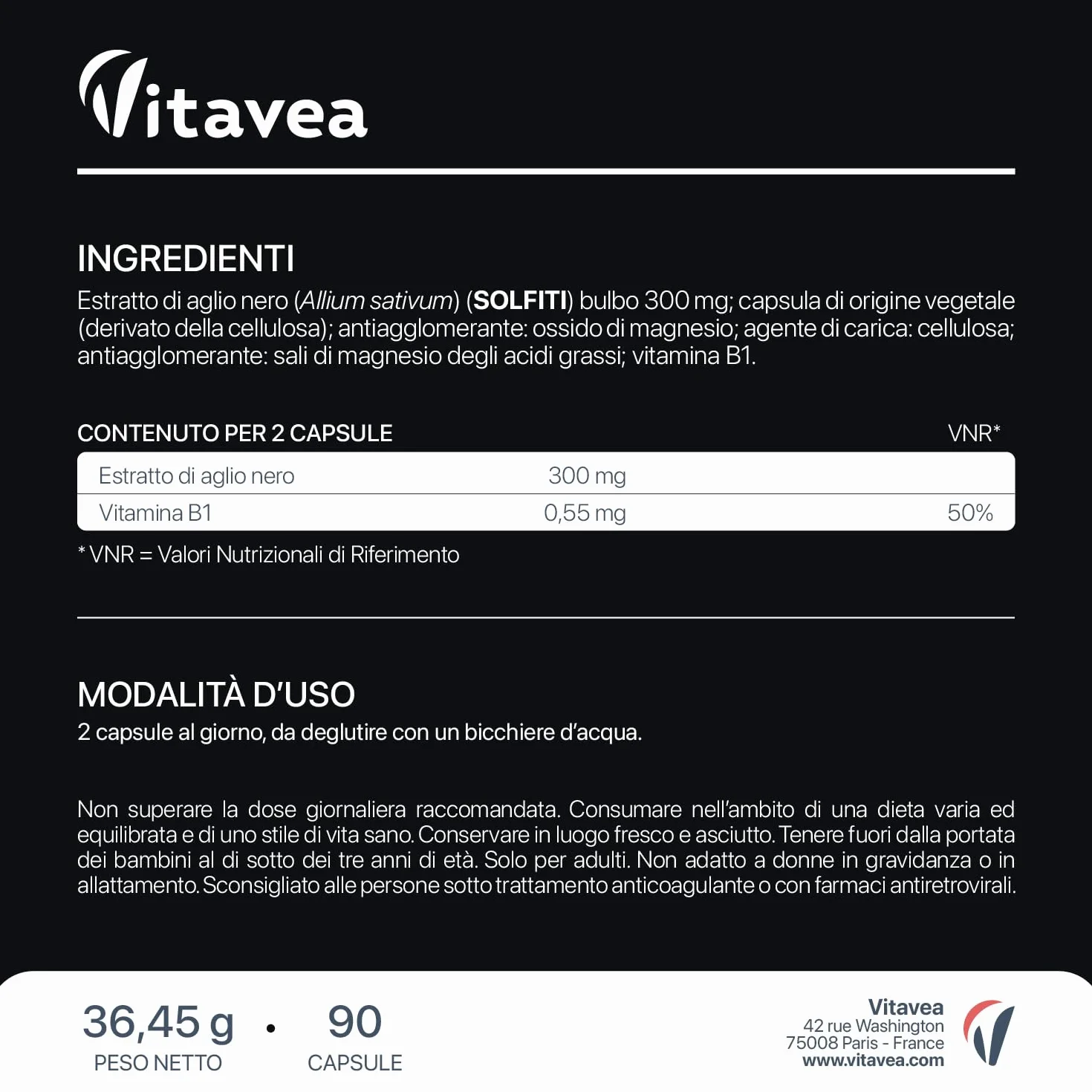 Aglio Nero Fermentato 9000 mg (Estratto 30:1) + Vitamina B1 – Supporto Salute Cardiovascolare e Funzione Cardiaca – Antiossidante Naturale – Senza Odore – 90 Capsule Vegane