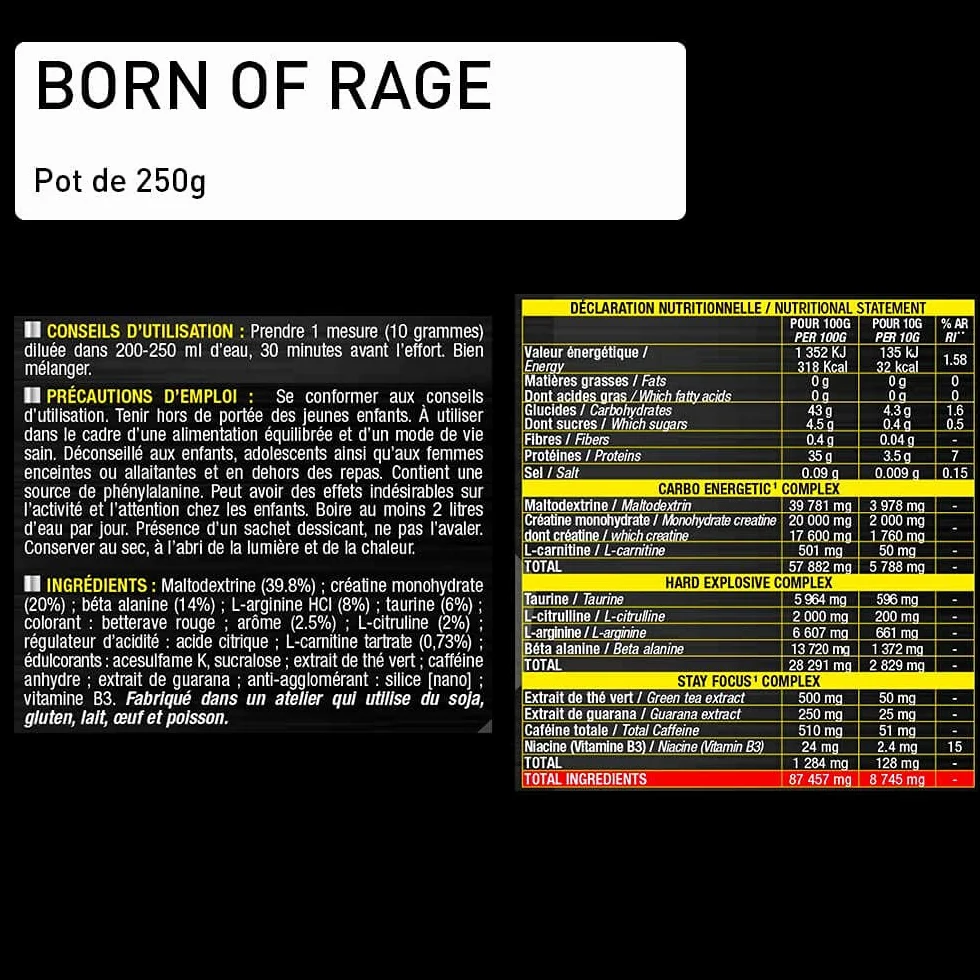 PRE- WORKOUT Born Of Rage - Polvere esplosiva vegana - Miglioramento muscolatura - Energia e resistenza - Anti fatica per allenamenti intensivi - Lotto di 2 x250 g - Laboratorio francese Eric Favre