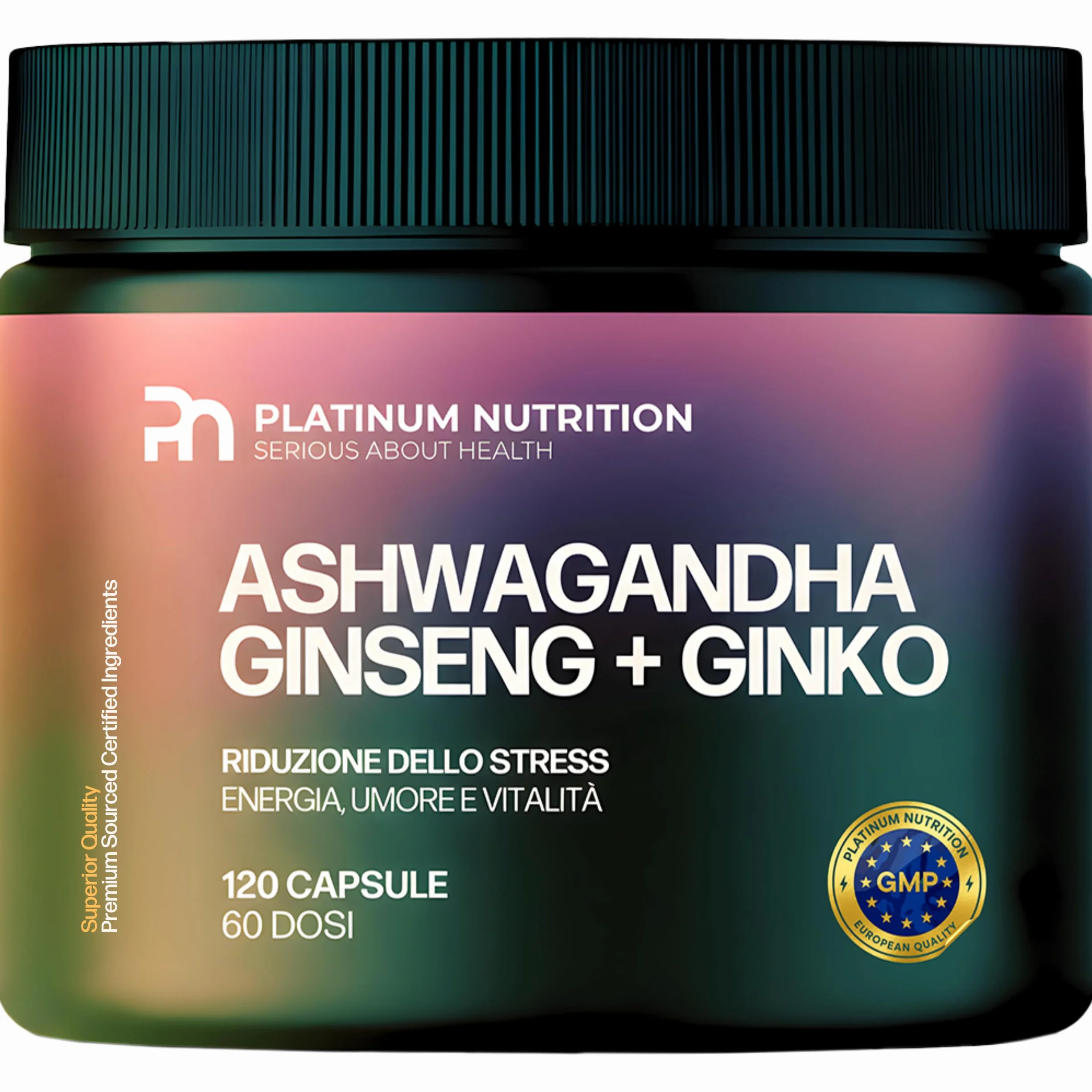 Platinum Nutrition Ashwagandha KSM-66 con Ginseng & Ginkgo Biloba, 120 Capsule (2 Mesi) | Integratore Naturale Adattogeno per Energia Mentale, Memoria, Ansia e Stress | Complesso con Ashwagandha Pura