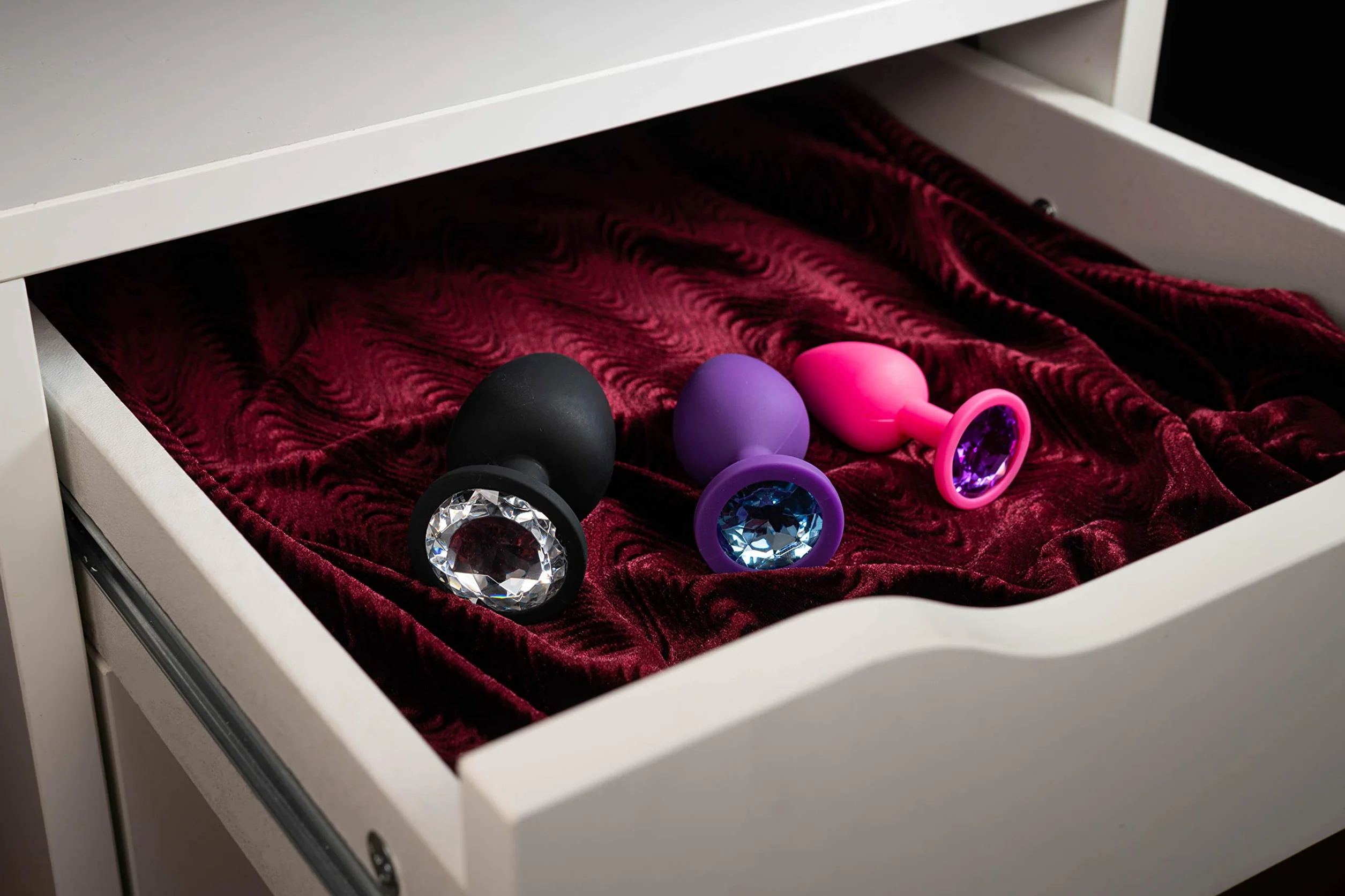 3x Butt Plug Anale Silicone Spina Anale Set Ø 30 mm, Ø 35 mm, Ø 45 mm, da Donna o Uomo, S + M + L Rosa + Porpora + Nero