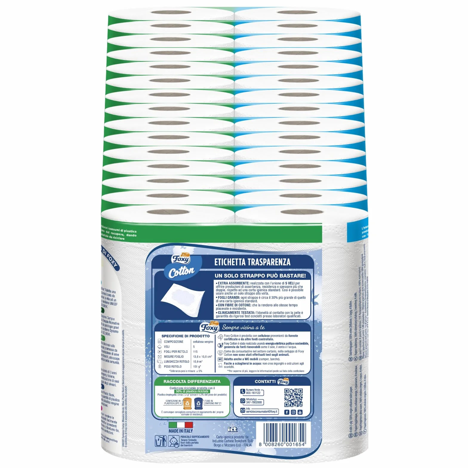 Carta Igienica 5 Veli 60 Rotoli Foxy Cotton con Vere Fibre di Cotone Extra Large FSC