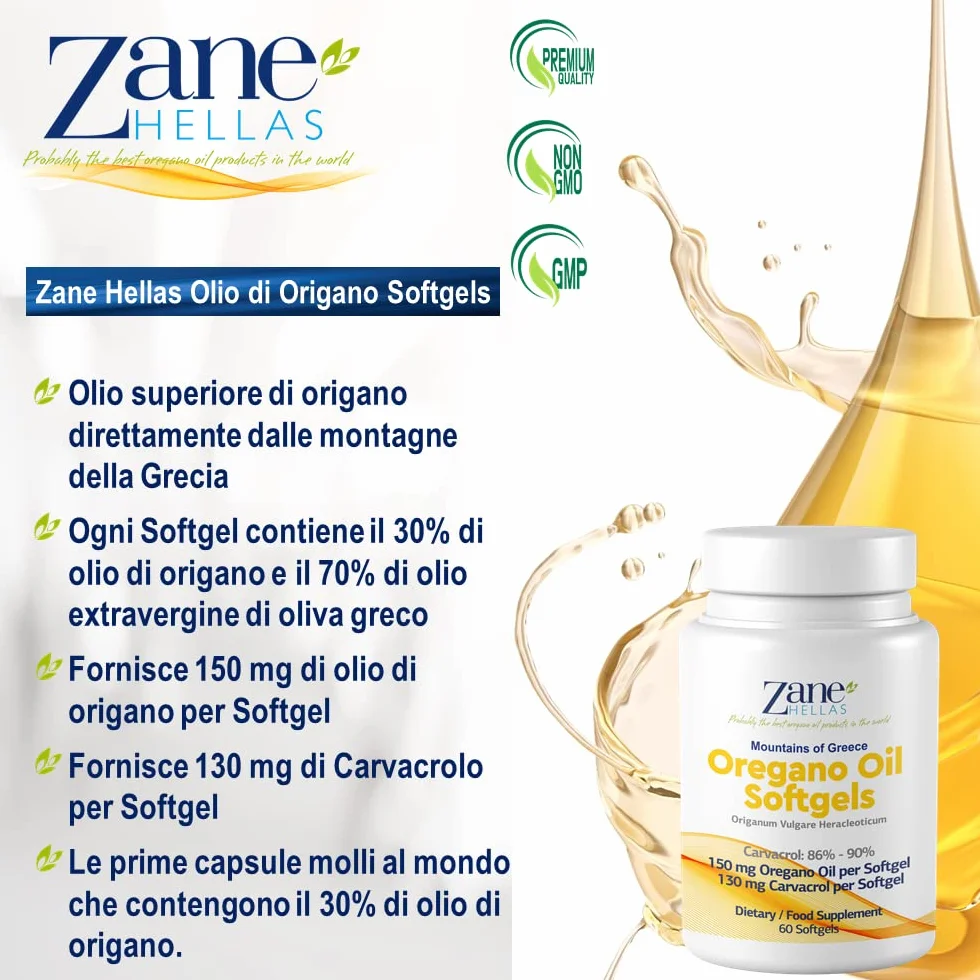 Zane Hellas Oregano Oil Softgels 30% Greek Essential Oil 130 mg Carvacrol 2-Pack