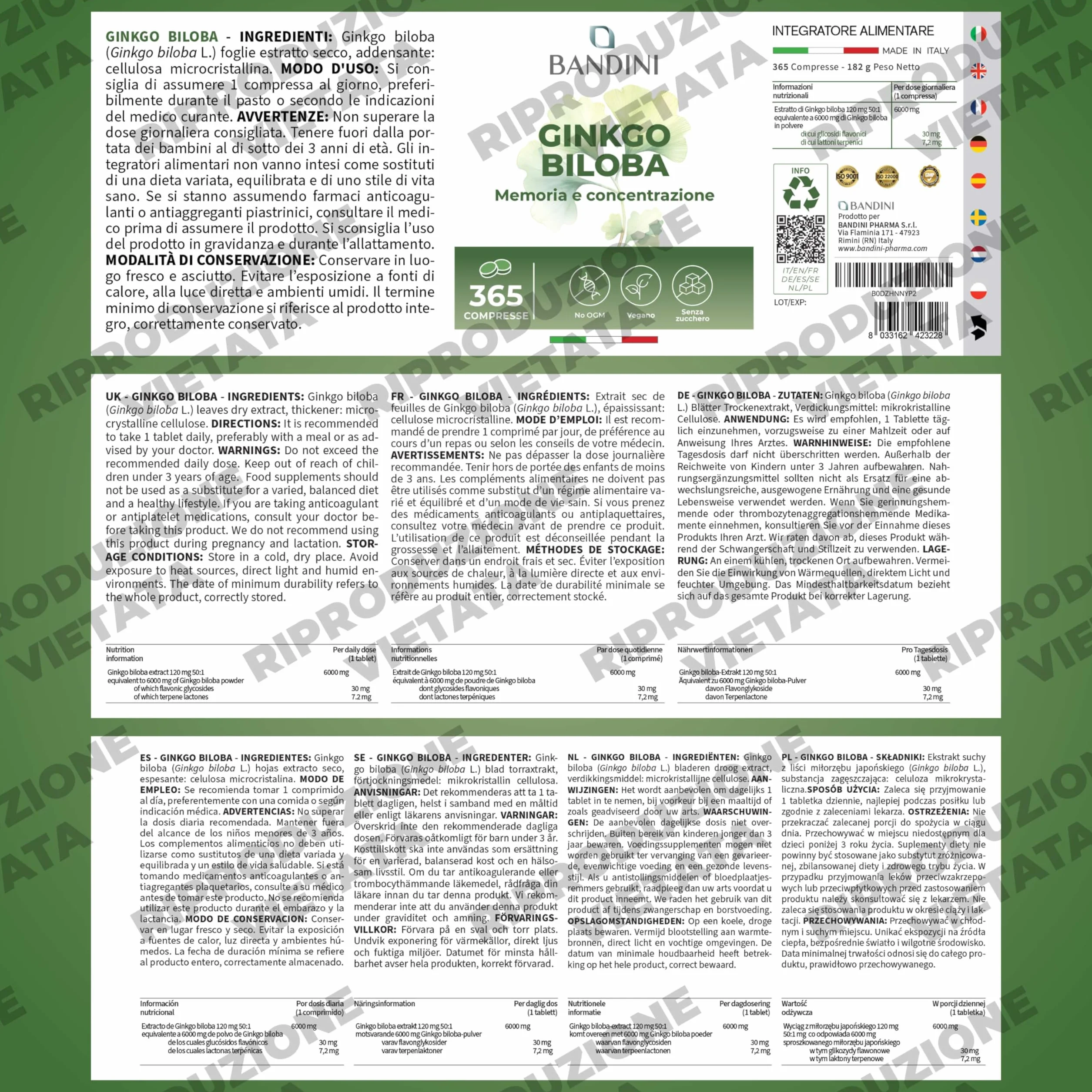 Bandini Ginkgo Biloba 6.000mg 365 Compresse Estratto 50:1 Integratore Nootropico Vegan