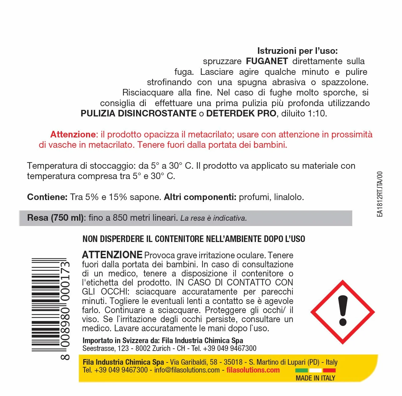 FILA FUGANET Pulizia Specifica per Fughe 750ml