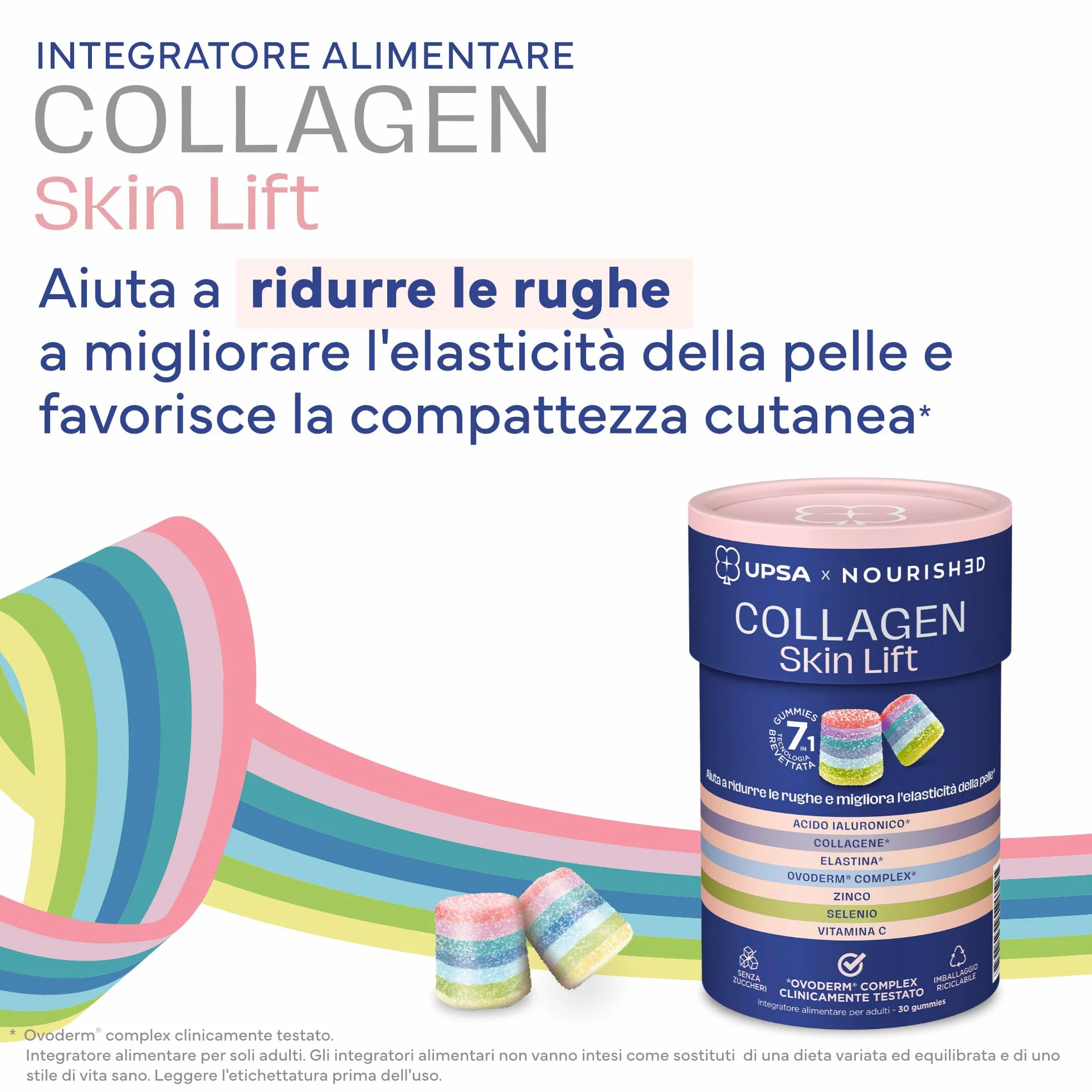 UPSA x Nourished Collagene Skin Lift 30 Gummies Integratore Alimentare con Acido Ialuronico ed Elastina
