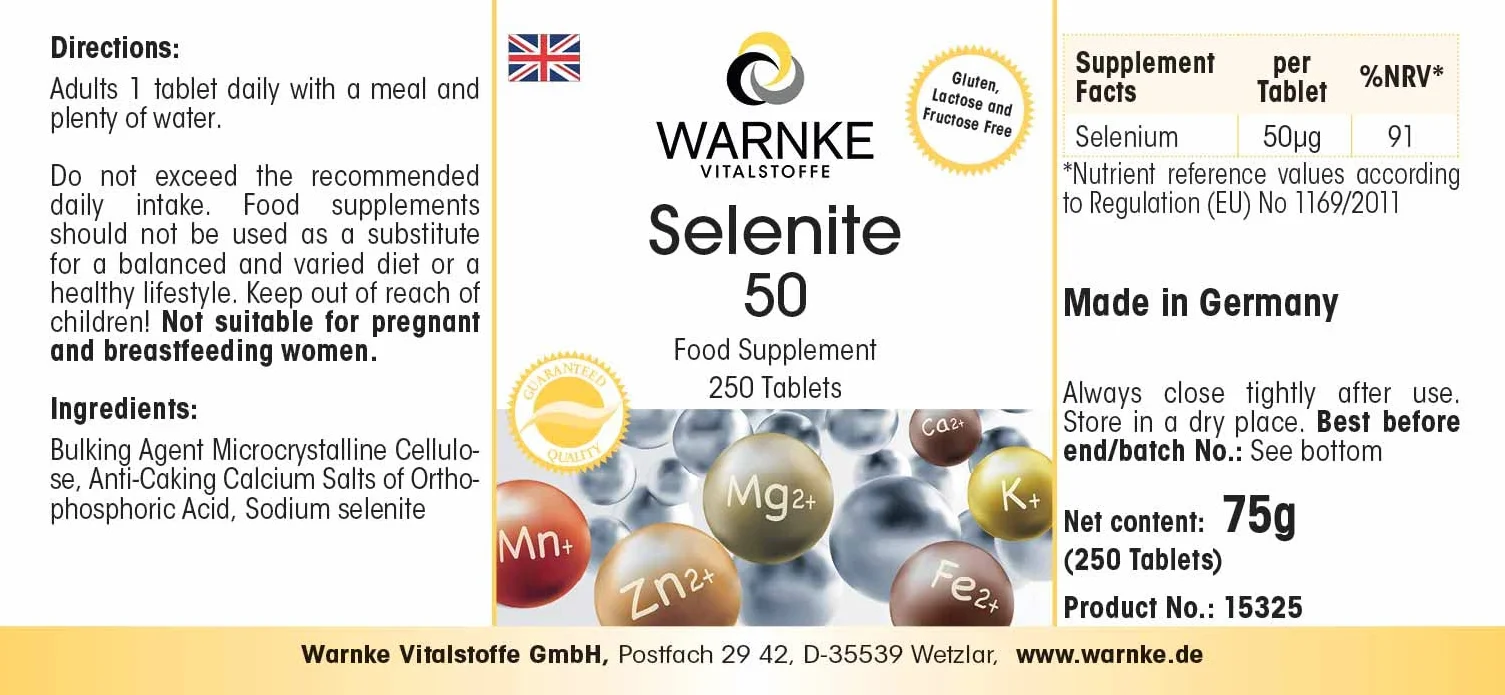 Selenio 50 mcg integratore di sodio - Ottenuto da selenio - Sostanza pura - 250 compresse | Warnke Vitalstoffe - Qualità da farmacia tedesca