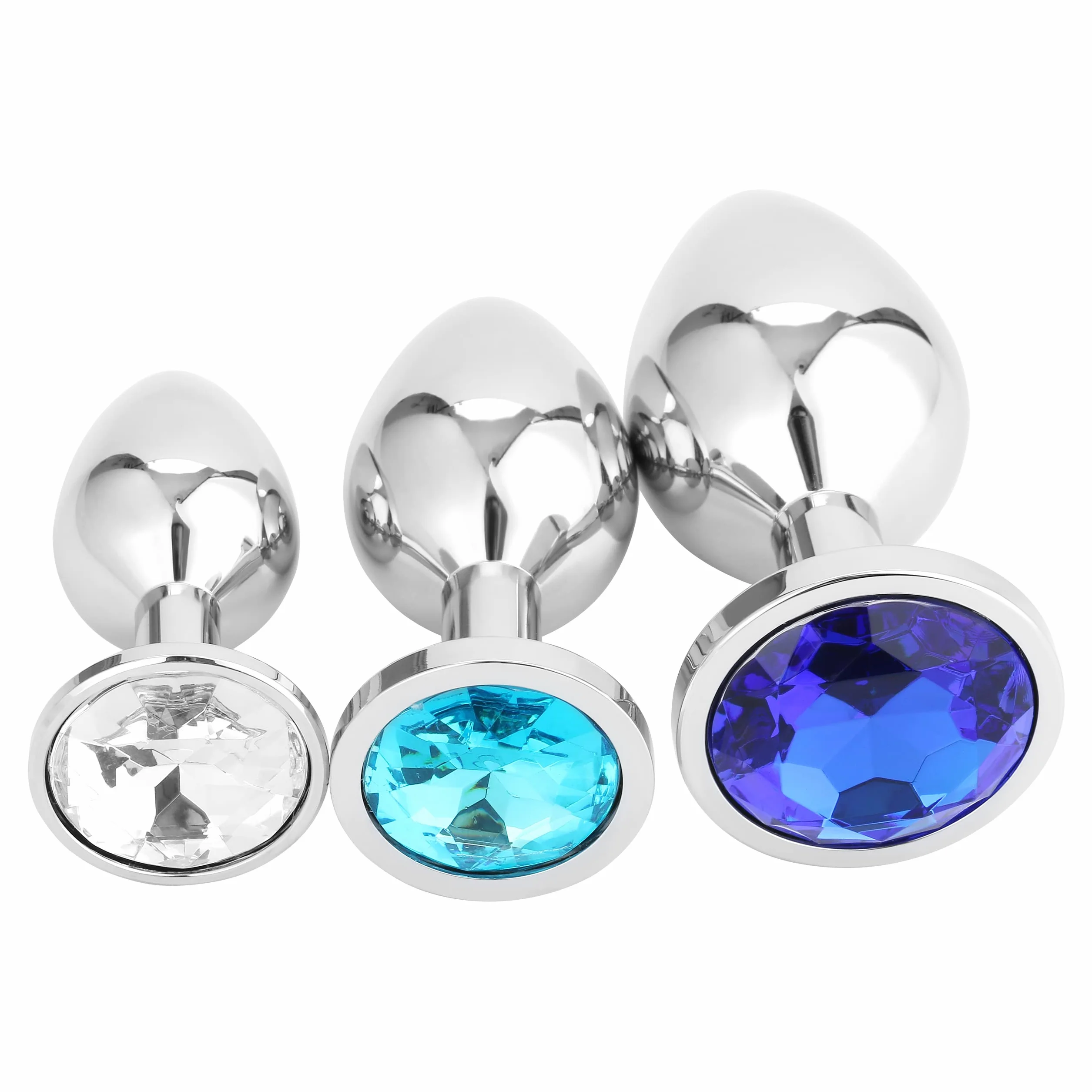 3x Plug Anale Metallo | Butt Plug Cristallo Blu | Puro Piacere in 3 Taglie per Donna, Coppia, Uomo | Giocattoli Anali Argento