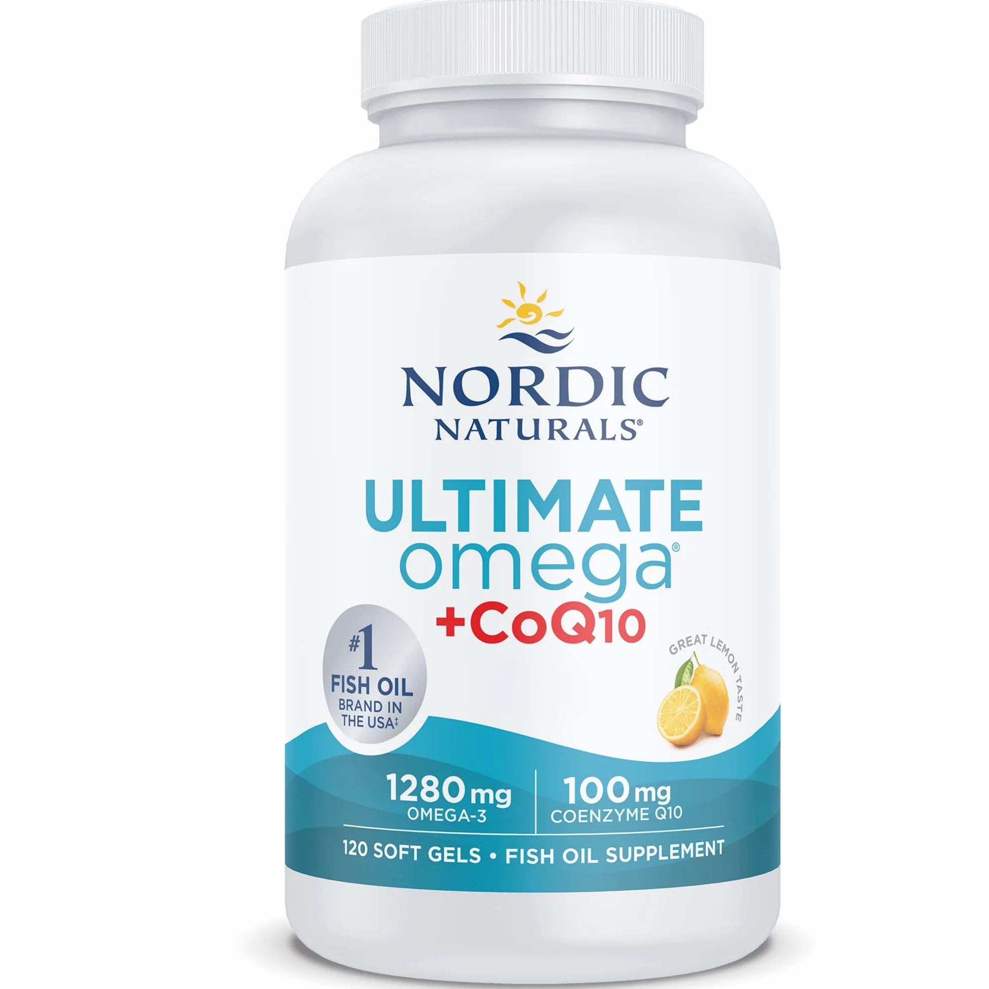 Nordic Naturals, Ultimate Omega-3 + CoQ10, 1280 mg, con EPA, DHA e Coenzima Q10, Altamente Dosato, Gusto Limone, 120 Capsule morbide, Testato in Laboratorio, Senza Soia, Senza Glutine, Non OGM