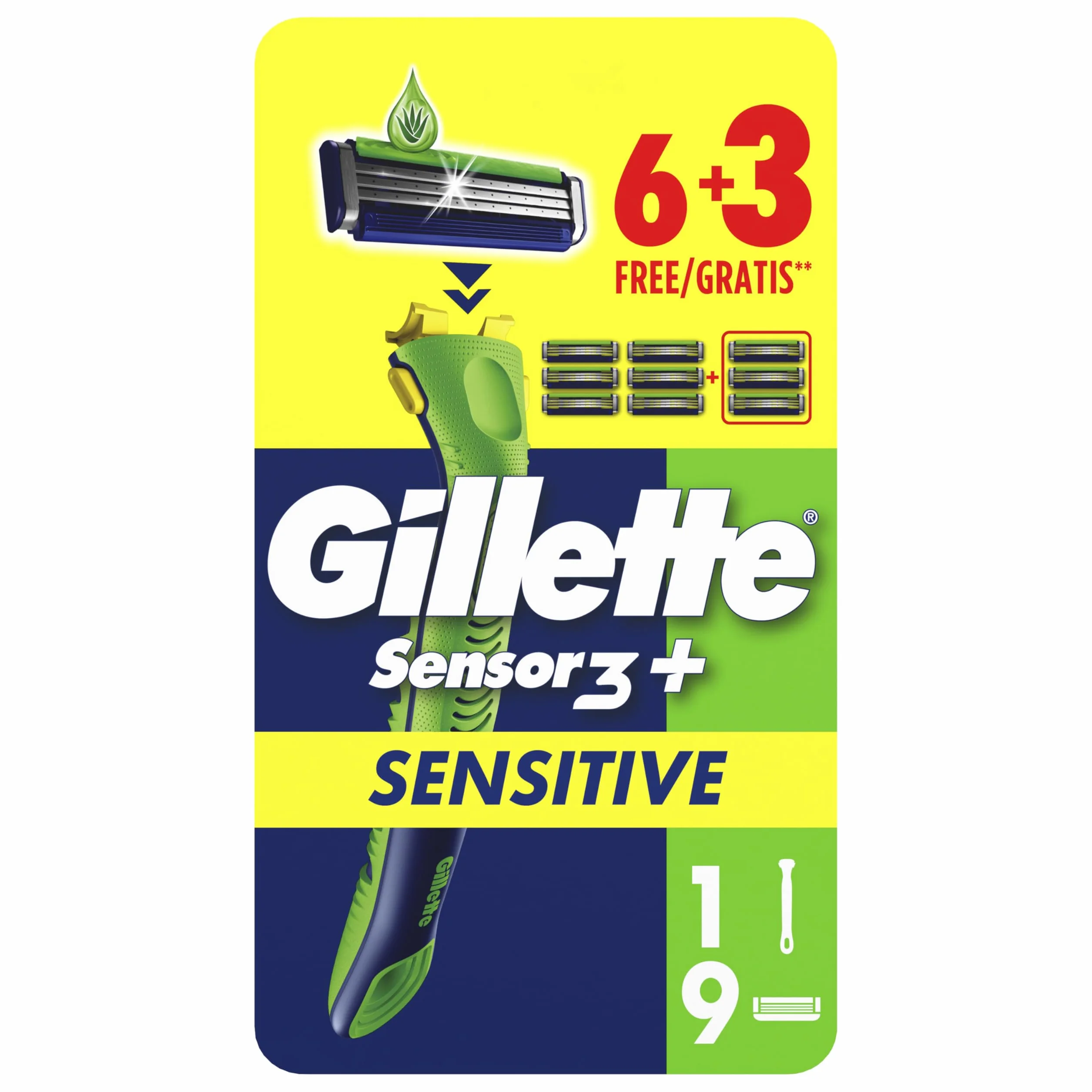 Gillette Sensor 3+ Sensitive Rasoio Da Uomo Con Testina Oscillante A 40° E 3 Lame Delicate, 1 Manico + 9 Lamette Di Ricambio