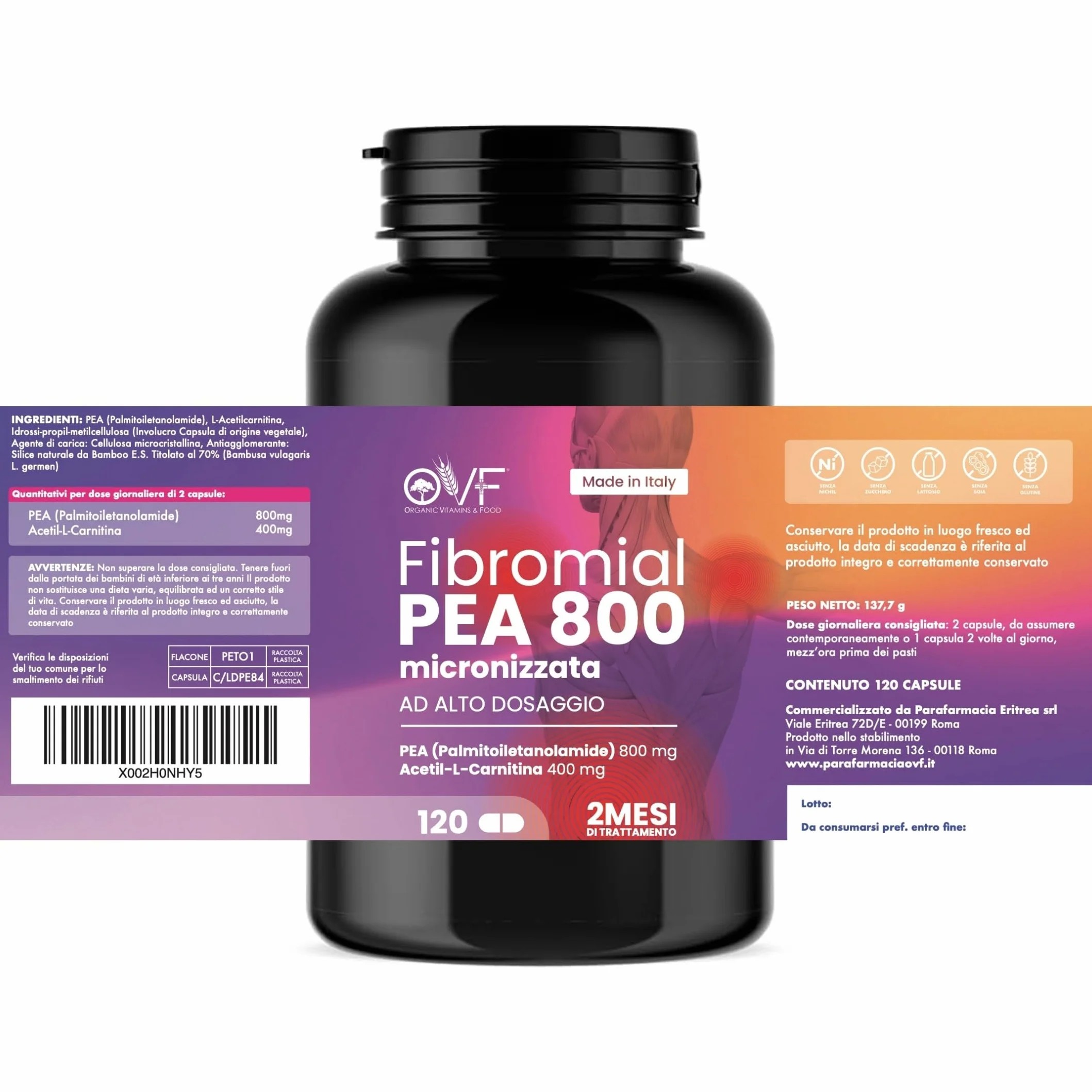 Integratore Fibromial PEA 800 120cps Palmitoiletanolamide Acetil Carnitina Supporto Benessere Nervi Muscoli