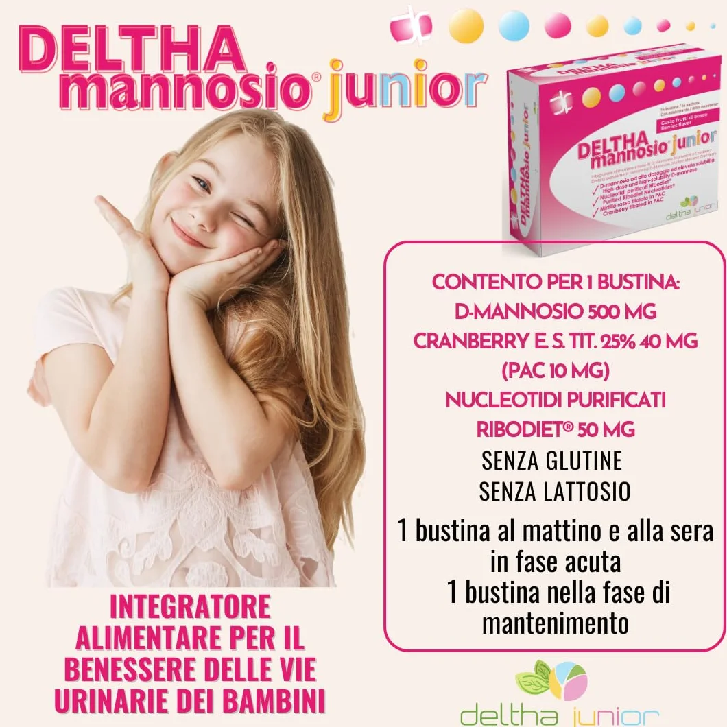 DELTHAmannosio Junior D Mannosio alto dosaggio 500mg Mirtilli rossi e nucleotidi purificati Made in Italy per le vie urinarie dei bambini