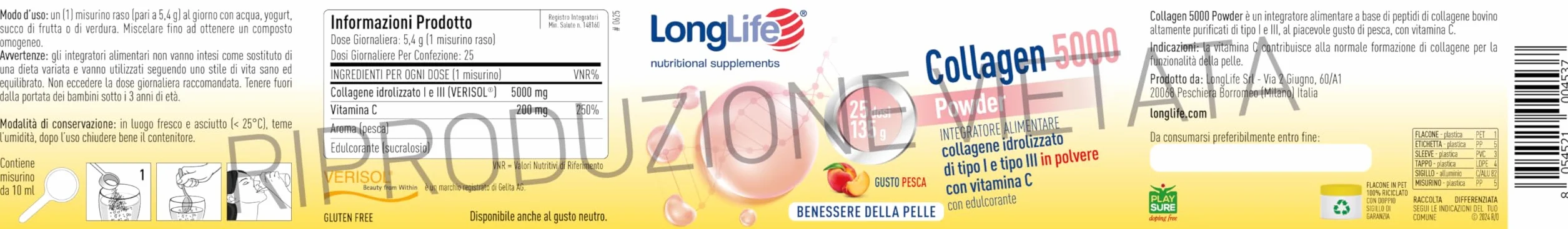 LongLife® Collagen 5000 Powder 5000 mg Verisol® Vitamina C Pelle 25 dosi Gusto pesca Senza glutine