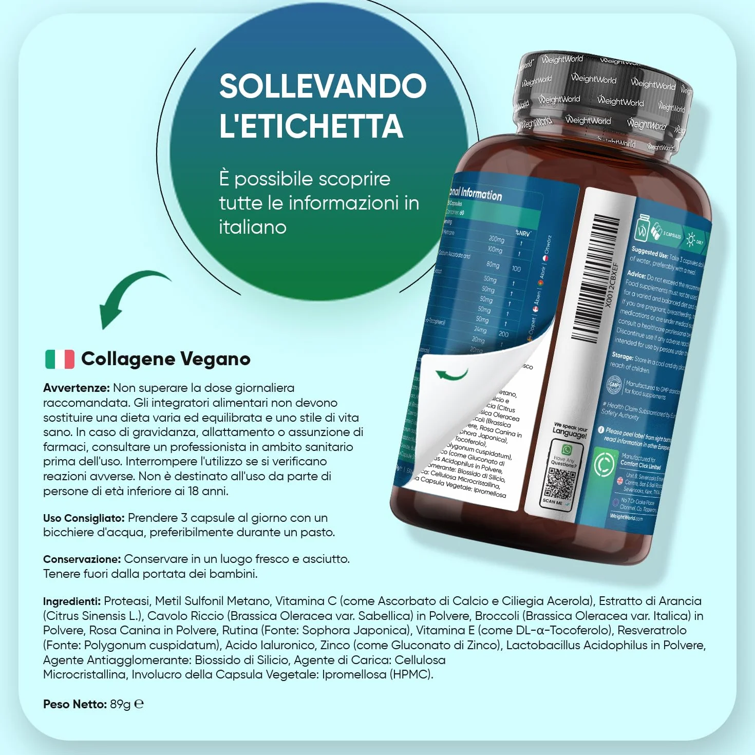 Collagene Vegano con Acido Ialuronico 180 Capsule, Vitamina C, Zinco, Resveratrolo, MSM, Rosa Canina, Lactobacillus Acidophilus