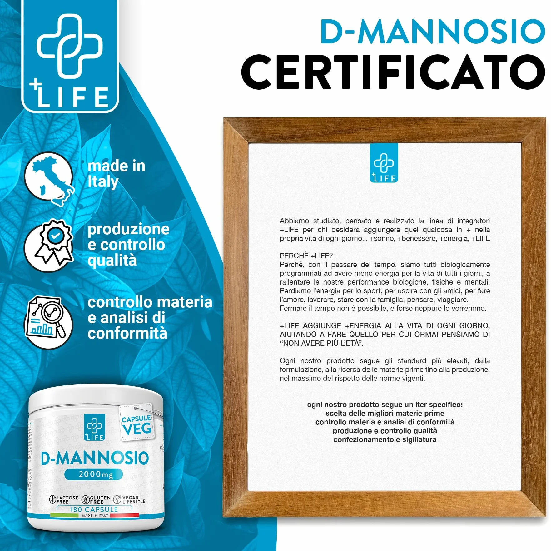 D Mannosio Puro 2000mg 180 Capsule PiùLife, 3 Al Giorno, Integratore Vie Urinarie Donna, Integratore Cistite, Benessere Quotidiano, Sostituto Al Mirtillo Rosso