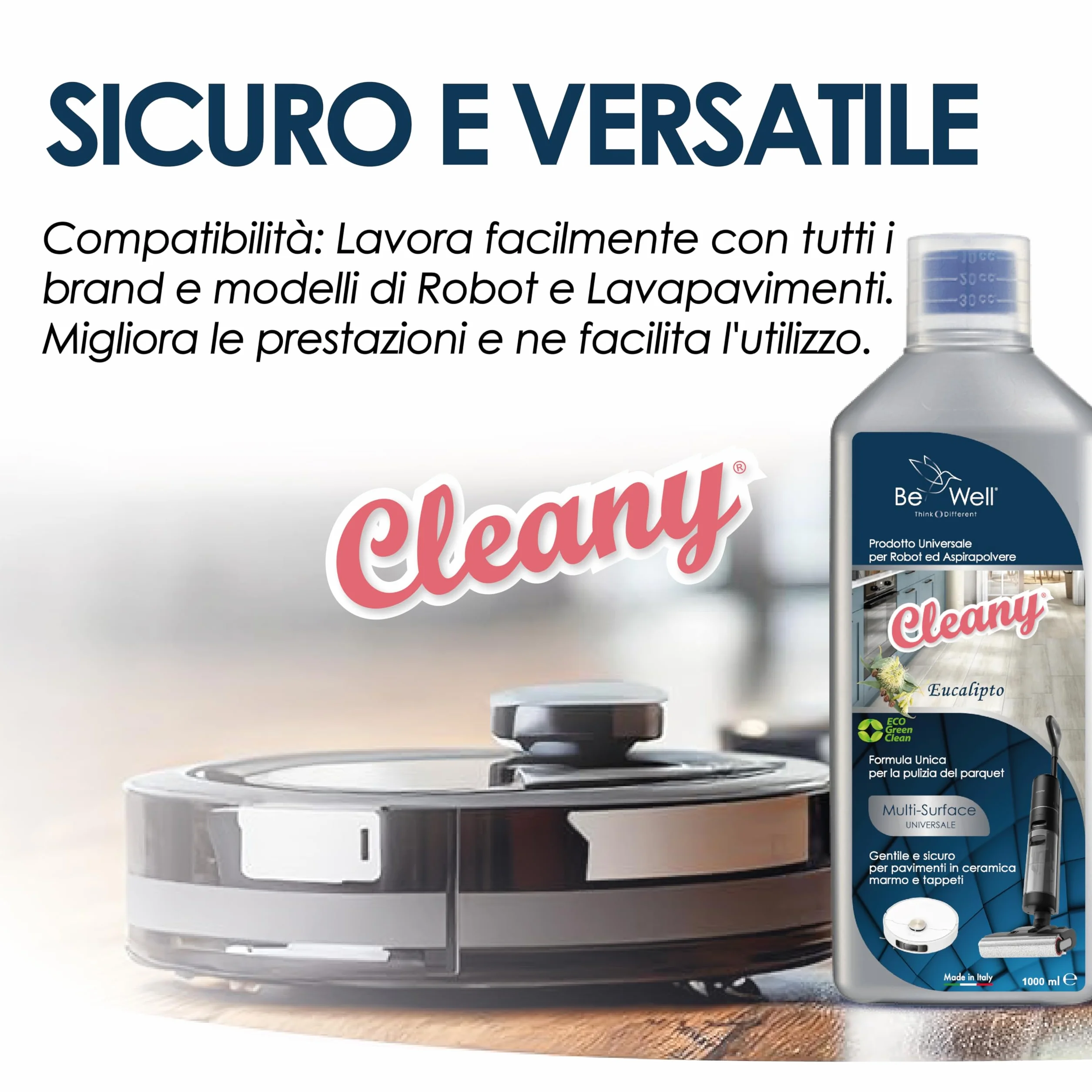 CLEANY Detergente Concentrato per Robot Lavapavimenti 1000ml Multisurface Igienizzante (Eucalipto)