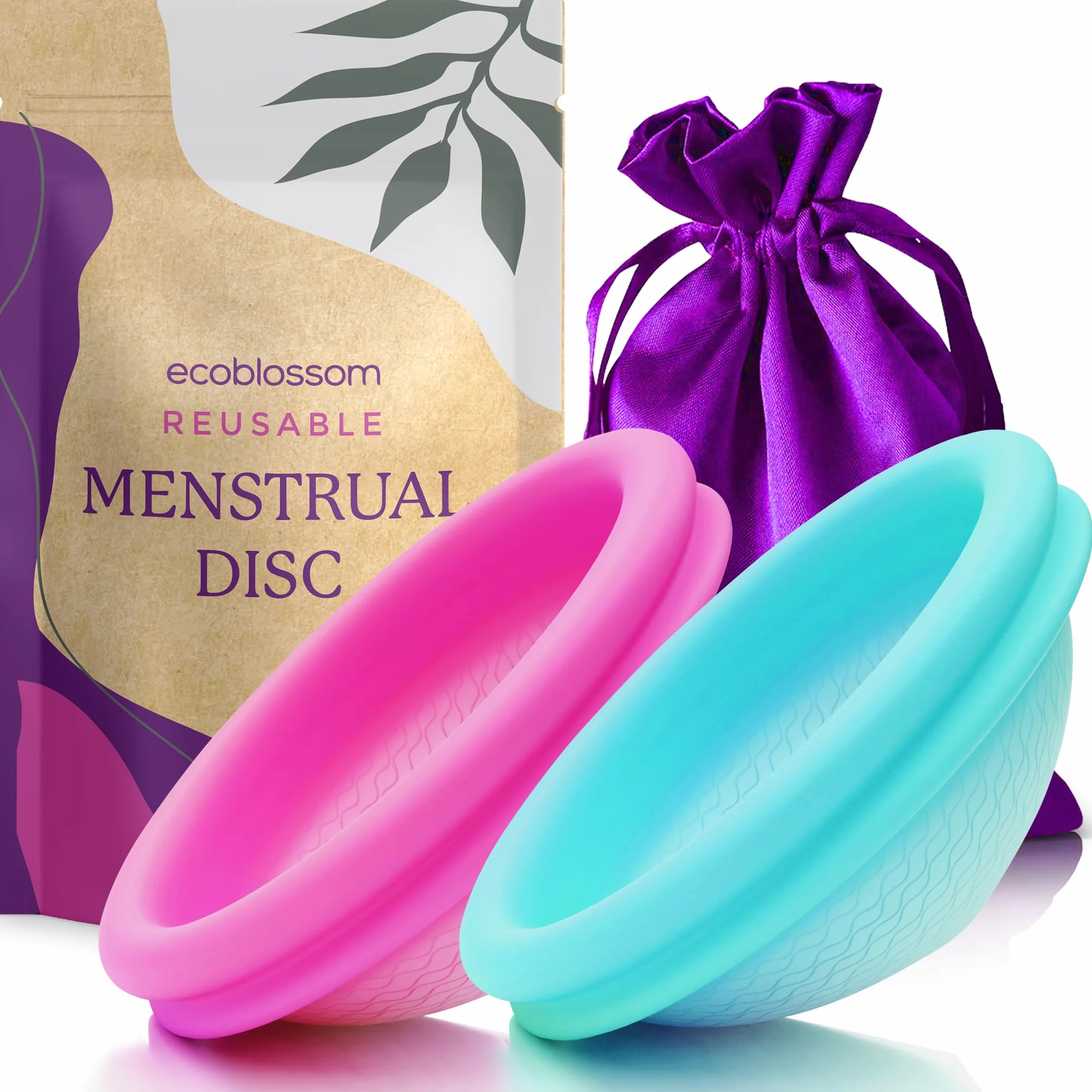 Ecoblossom Dischi mestruali riutilizzabili a prova di perdite - Silicone di grado medicale, sostenibile, ecologico. Confezione da 2 dischetti mestruali grandi, capacità 68 ml