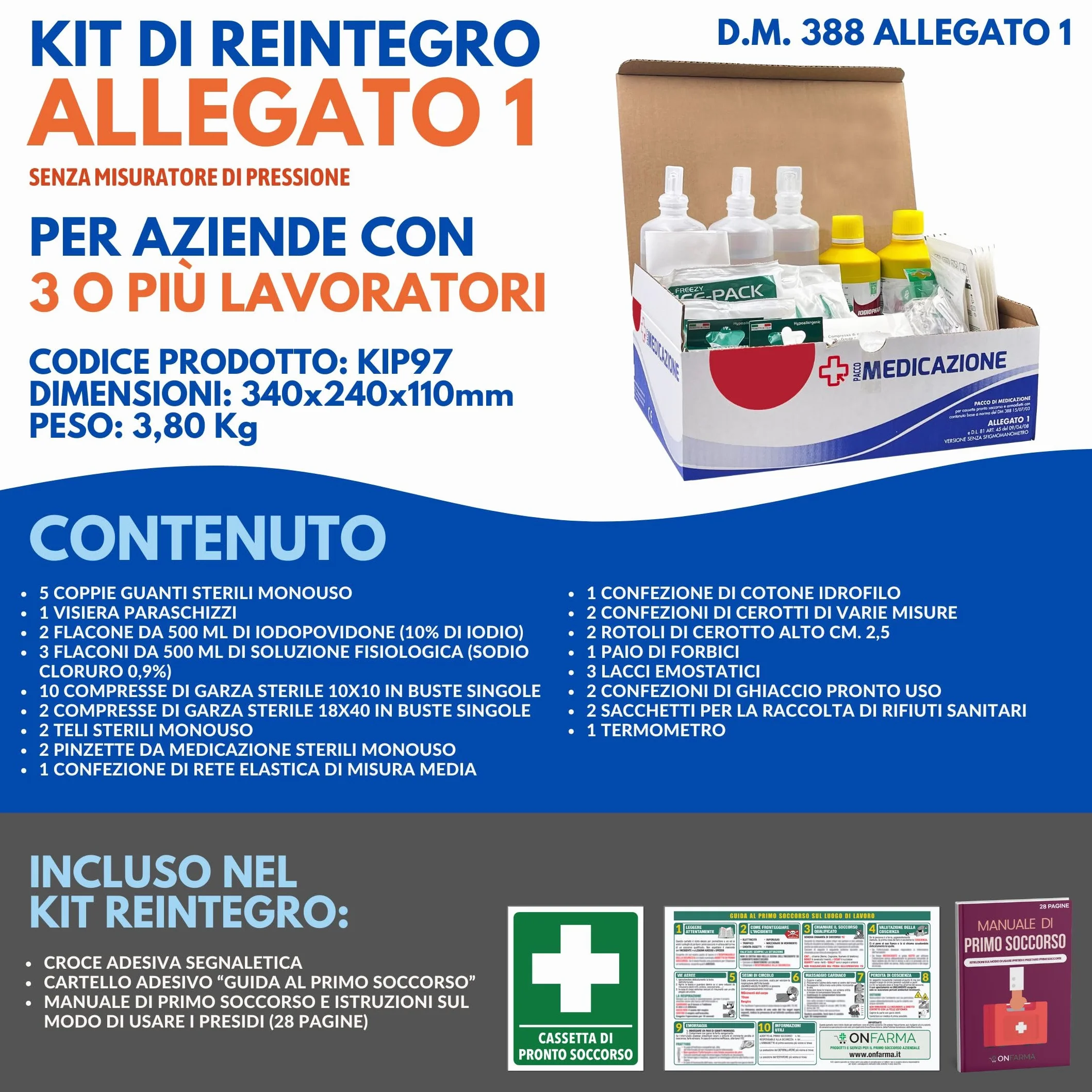 ONFARMA KIT DI REINTEGRO COMPLETO DI CARTELLO PRIMO SOCCORSO per aziende D.M. 388