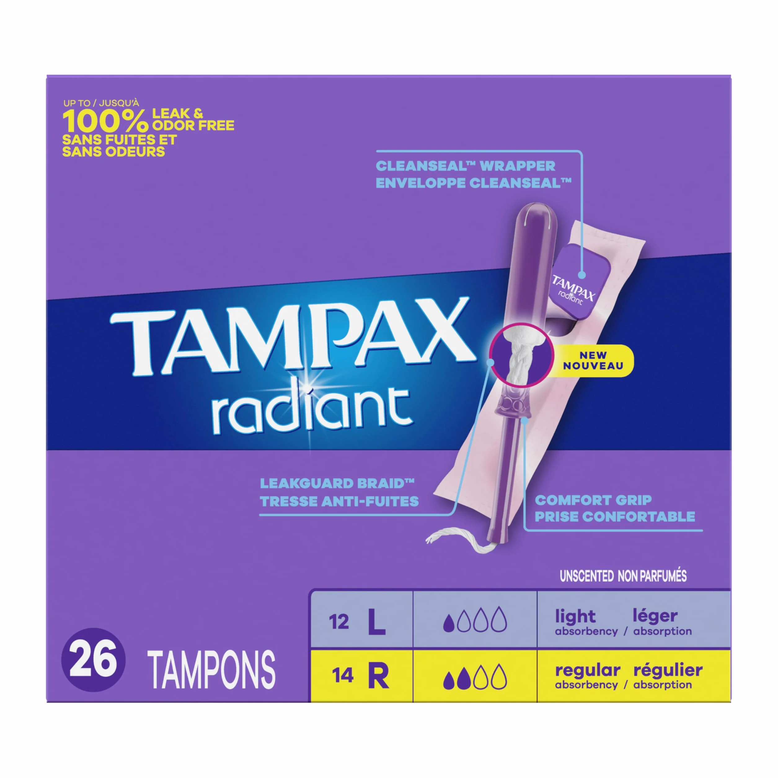 Tampax Radiant Tampons Multi Pack LeakGuard, assorbenza leggera/regolare, 78 pezzi