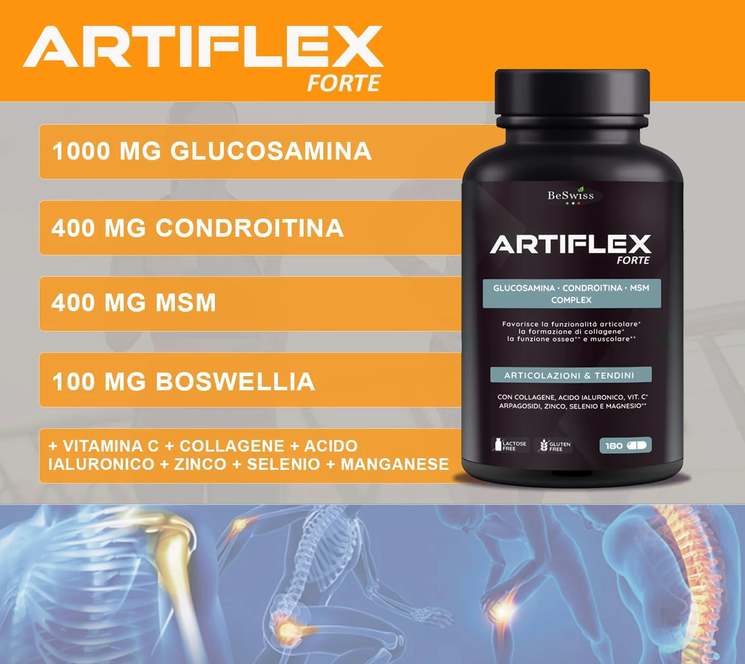 Artiflex Glucosamina Condroitina MSM - 180 Capsule Integratore per Ossa Articolazioni Cartilagine | con Collagene, Acido Ialuronico, Boswellia, Vitamine e Minerali | Alto Dosaggio