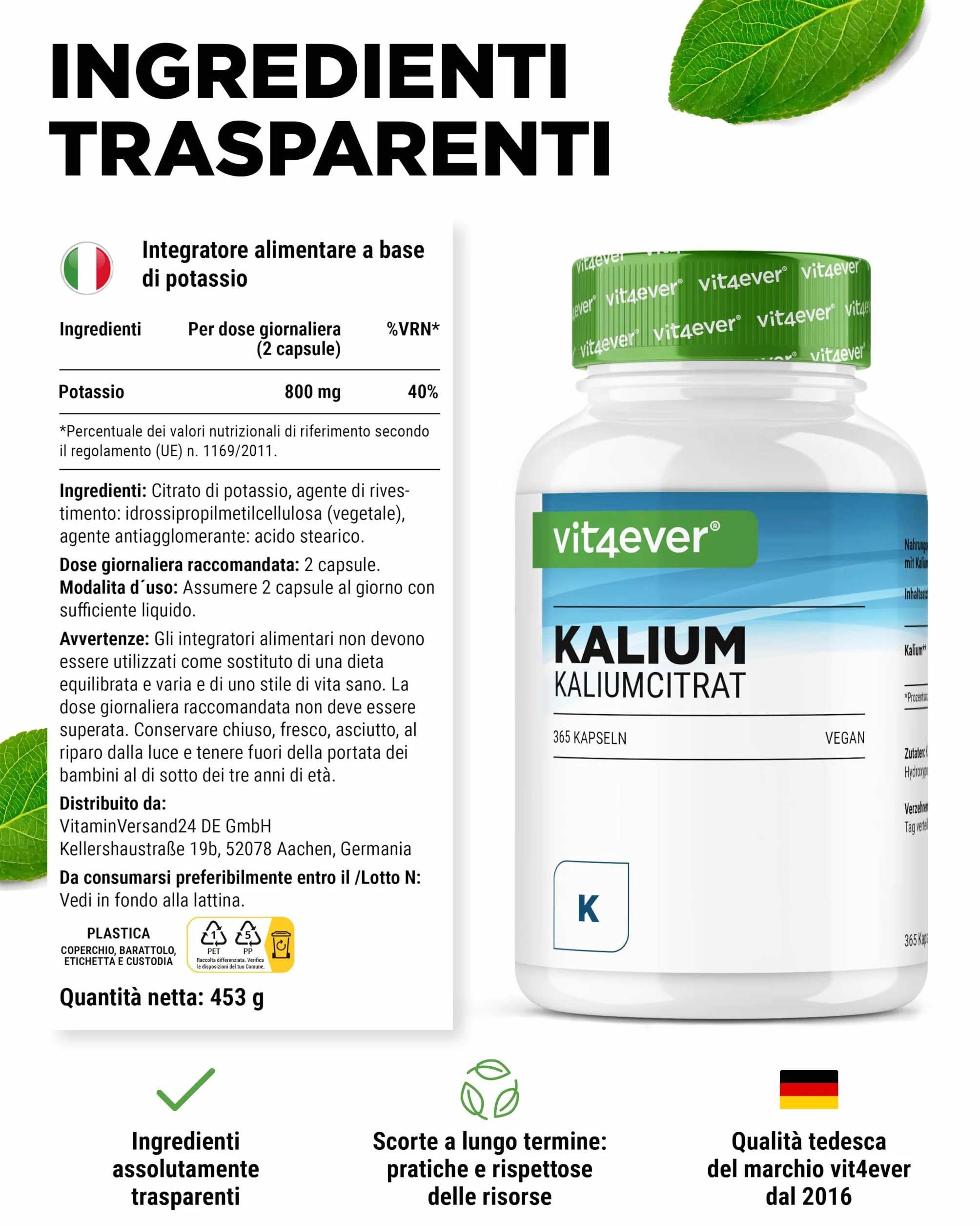Potassio - 365 capsule con 800 mg di potassio elementare (da citrato di potassio) per porzione giornaliera - 100% citrato - Vegano
