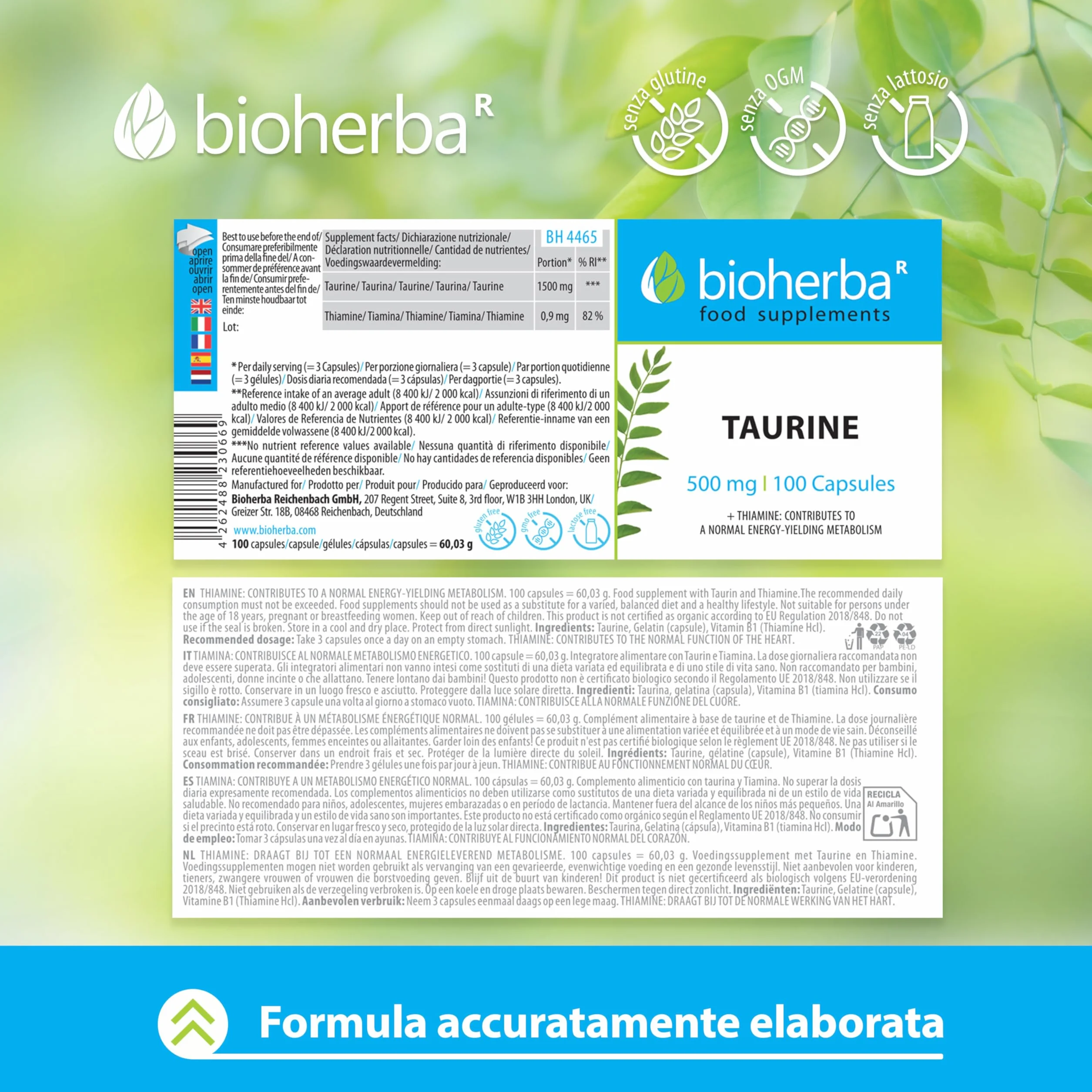 TAURINA Capsule 500 mg - 100 pezzi | Nutrimento per Pre e Post Allenamento | Senza Stearato di Magnesio o Caffeina di BIOHERBA