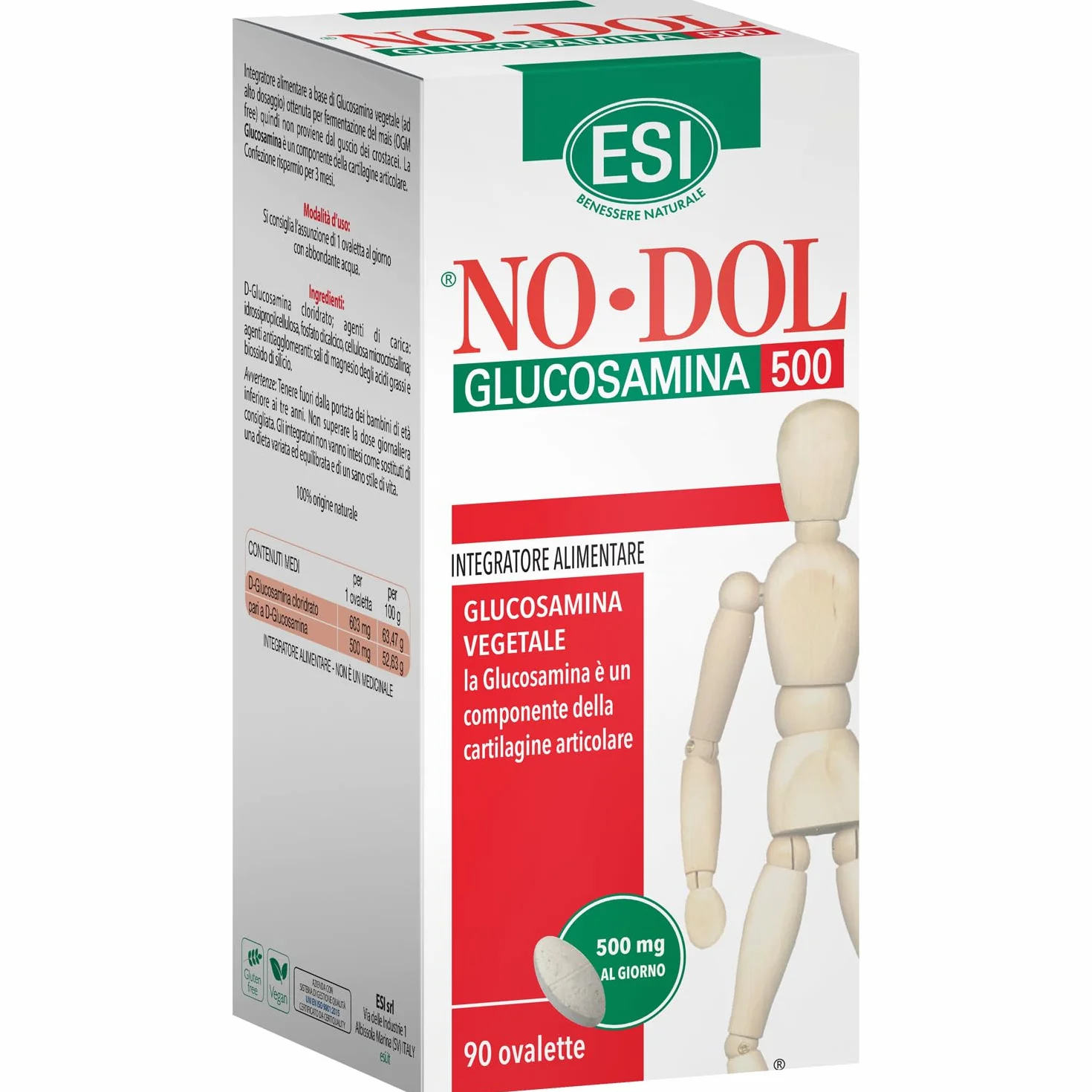 ESI - No-Dol Glucosamina 500, Integratore Alimentare a Base di Glucosamina, Elemento Caratterizzante di Tessuti Connettivi e Cartilagini, Senza Glutine e Vegan, 90 Ovalette