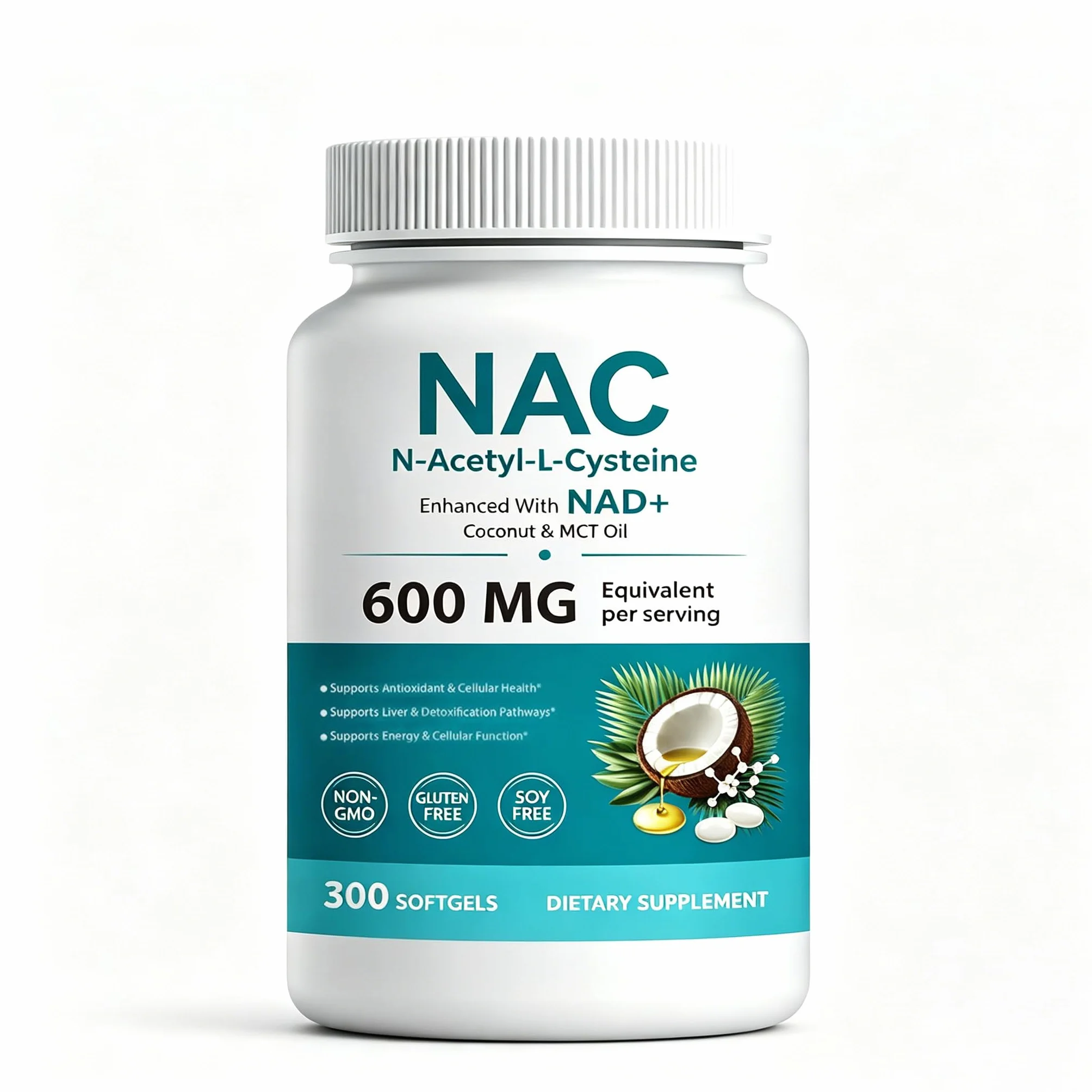 NAC N-Acetyl L-Cysteine 600 mg Softgels | Enhanced with Coconut & MCT Oil,Non-GMO, Gluten Free | 300 Softgels (100 Day Supply）