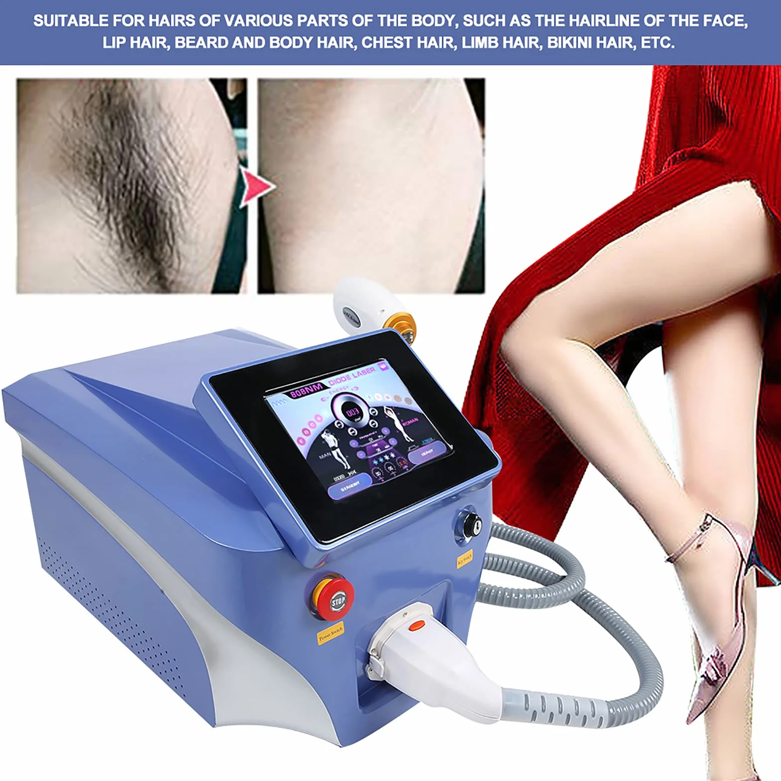 Macchina per la Depilazione, Epilatore Facciale Professionale per il Corpo con 3 Lunghezze D'onda, Macchina per la Depilazione Permanente con Laser a Diodi 808 per Donne e Uomini