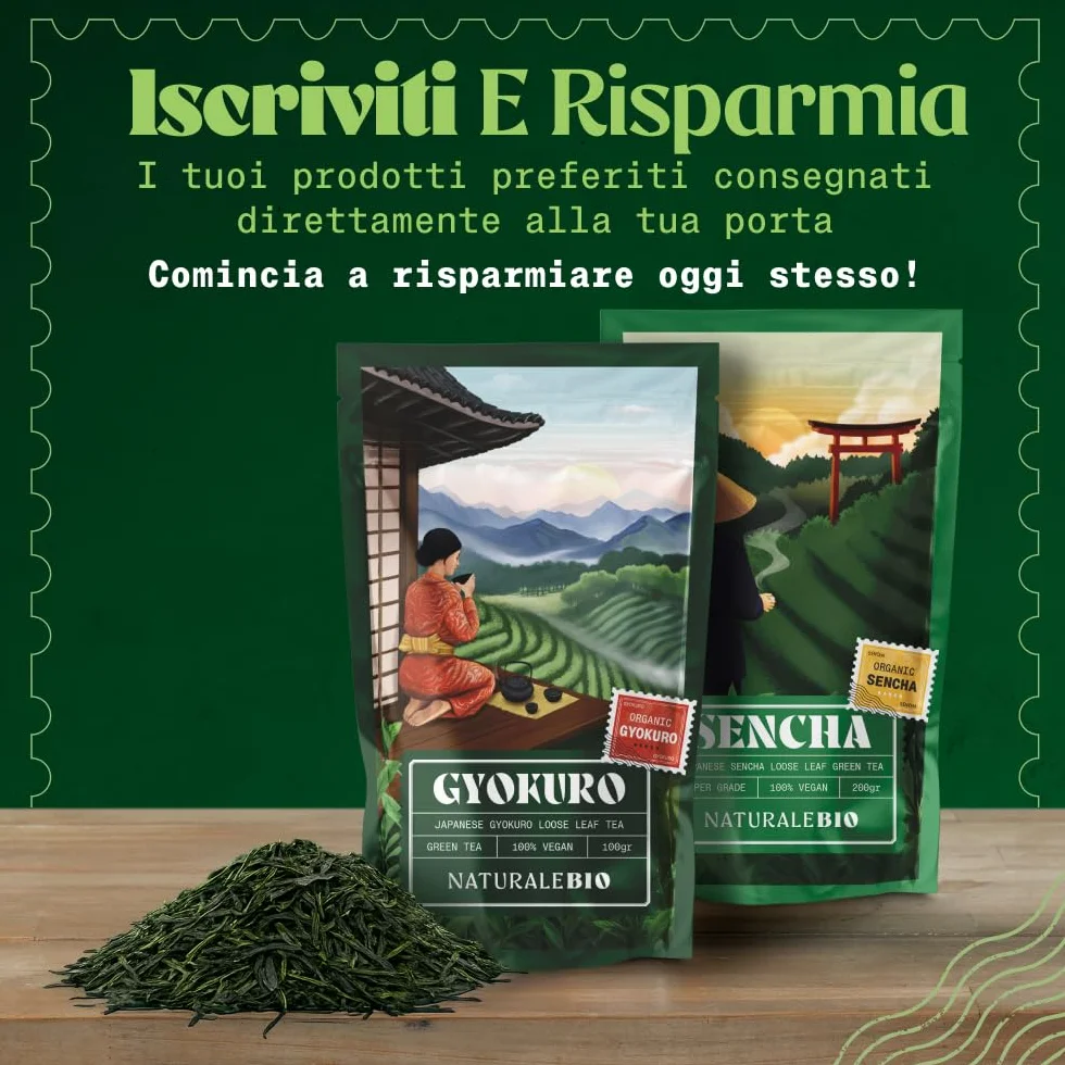 NaturaleBio Tè verde Gyokuro Giapponese Biologico da 100g. Bio, Naturale e Puro, Thè verde in foglie di primo raccolto coltivato in Giappone. Organic Japanese Gyokuro Green Tea.
