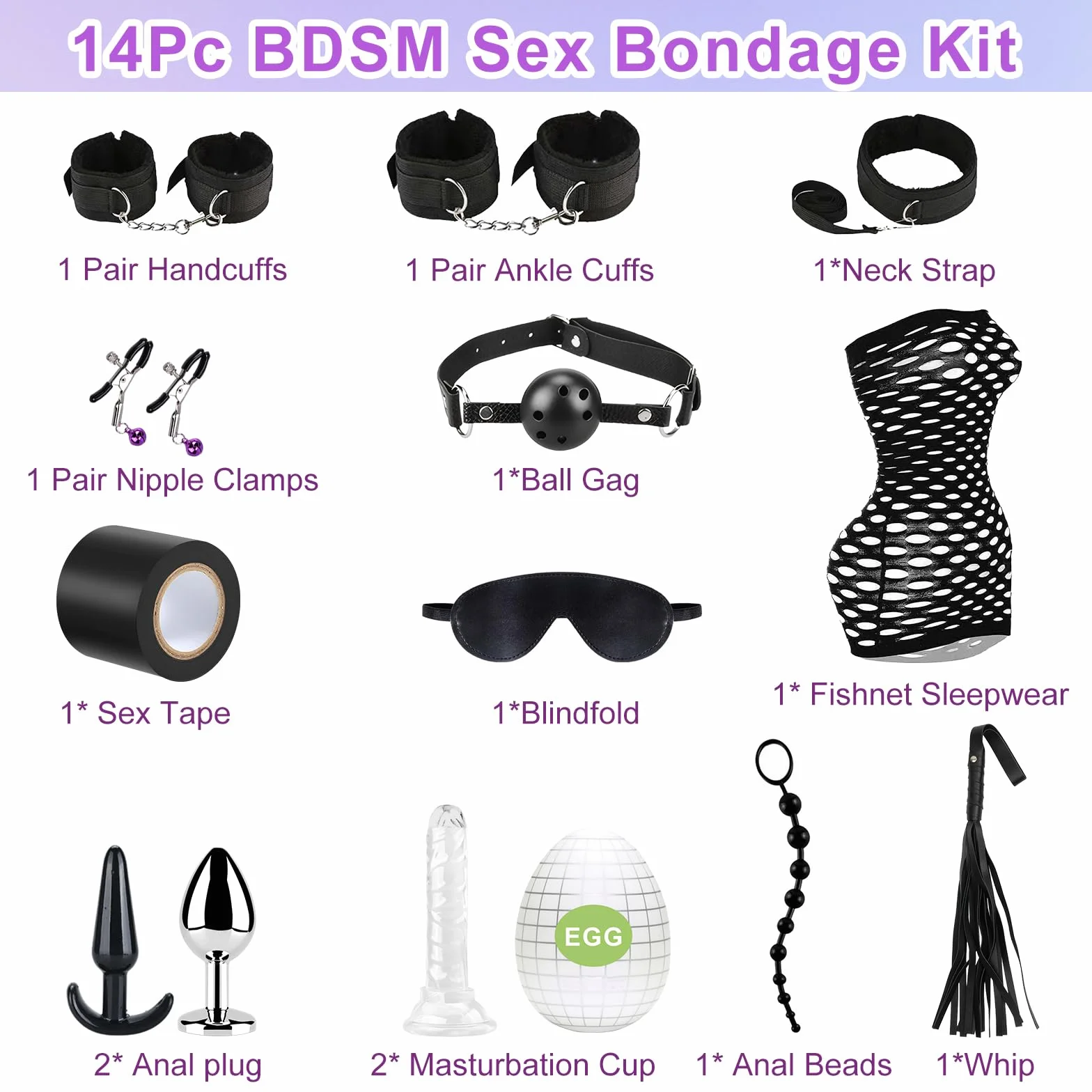 Ninonly Bondage Set SM 14 Pezzi Sex Toys Kit Plug Anale BDSM Giocattoli Sessuali per Donne Coppie Nero
