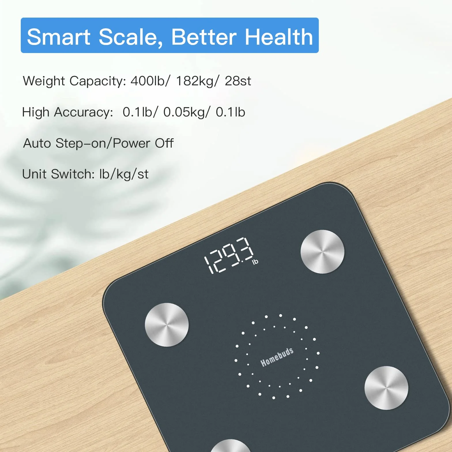 Homebuds Bilancia Pesapersone, Alta Precisione Assicurato Dalla Fabbrica Professionale di Bilancia Pesapersone Digitale dal 2001, App Sync 13 Composizione Corporea, 182kg, LED, Blu